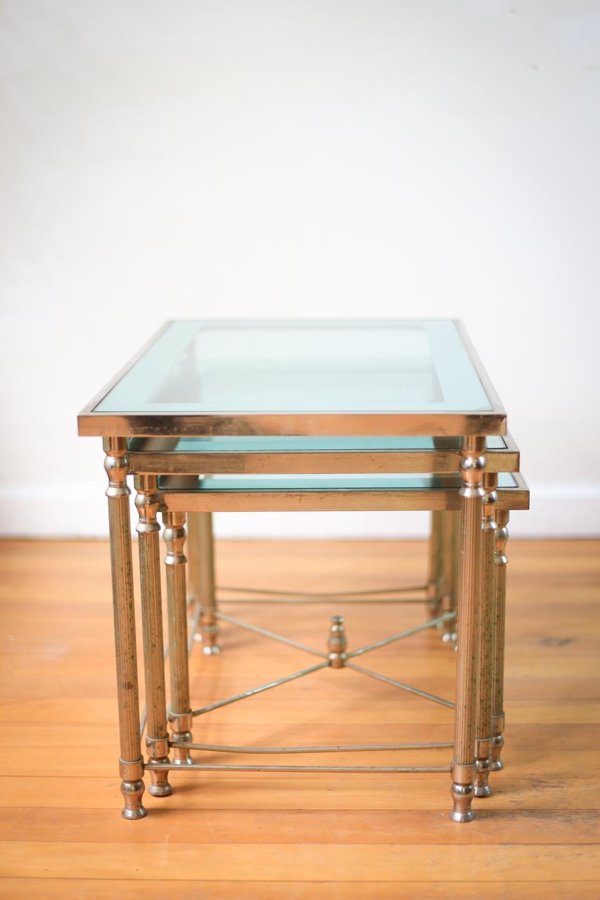 Hollywood Regency Brass and Mirrored Glass Nest of Tables Maison Jansen Style For Sale 2