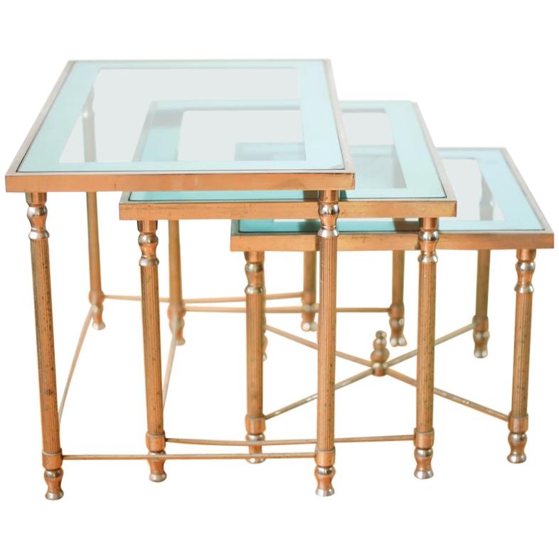 Hollywood Regency Brass and Mirrored Glass Nest of Tables Maison Jansen Style For Sale