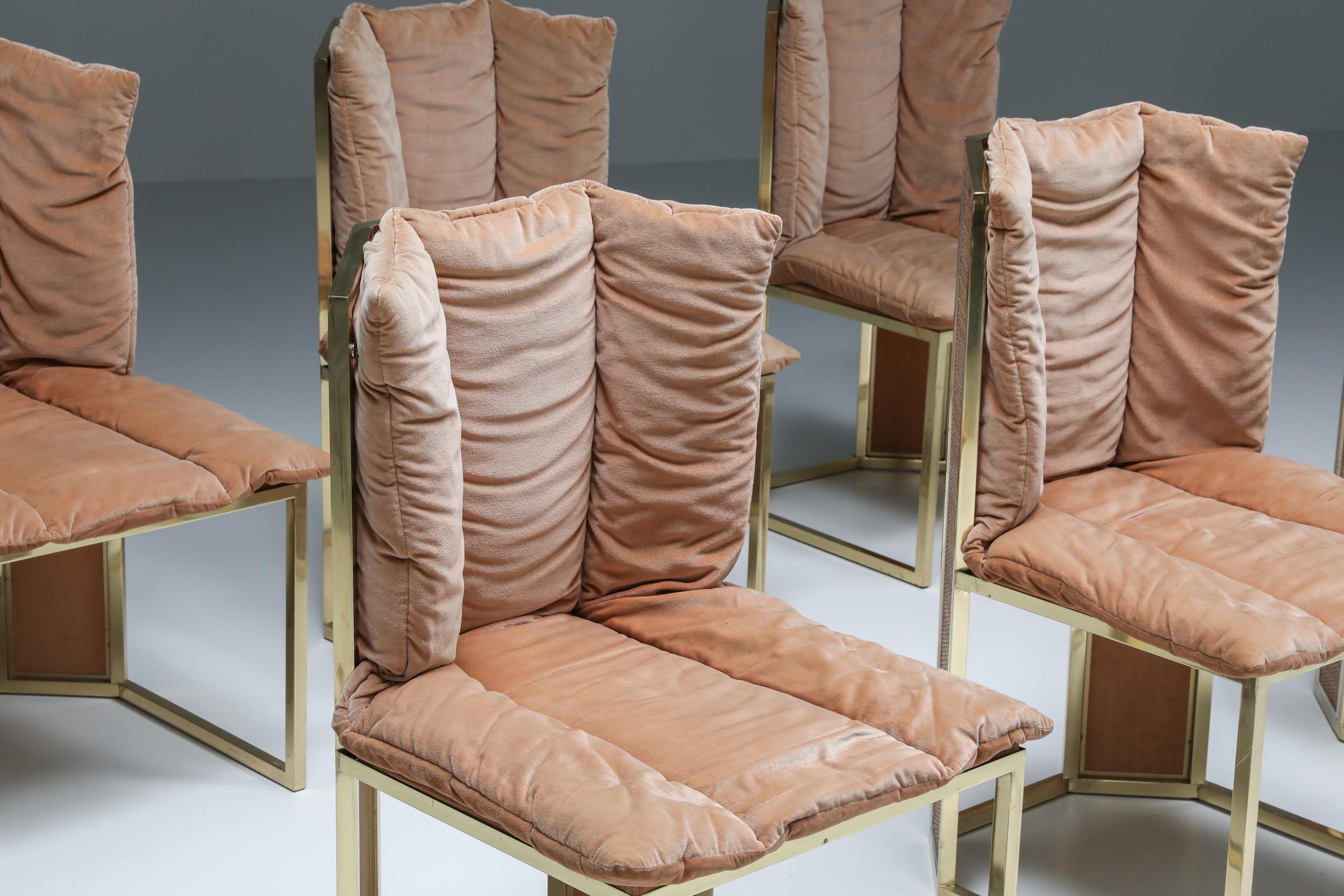 Hollywood Regency; Design Romeo Rega, Italy, 1970; Dimore Studio; Italian design; Maison Jansen; 

Set of six Hollywood Regency brass and pink fabric dining chairs inspired by Maison Jansen and Romeo Rega. Find these chairs in a Dimore Studio’s