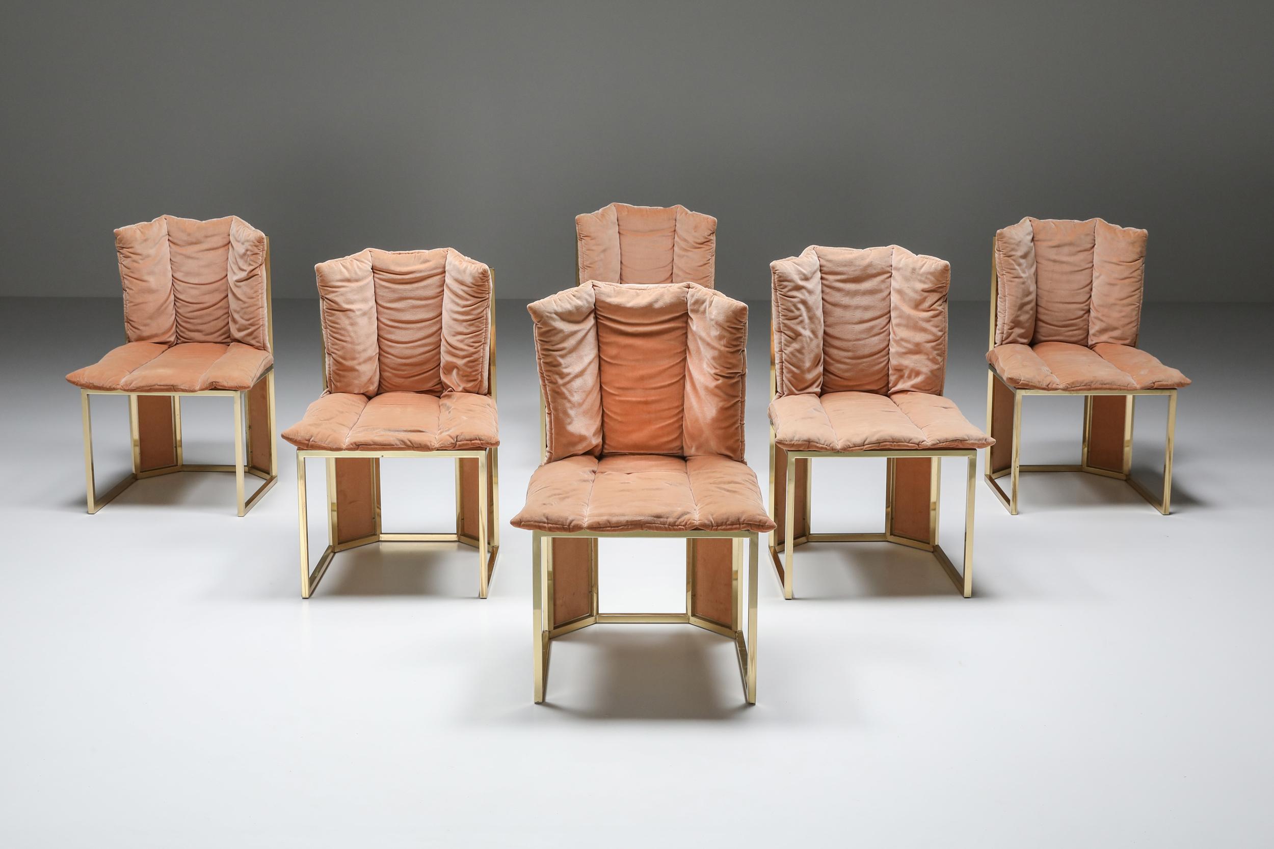 Italian Hollywood Regency Brass and Pink Dining Chairs, Maison Jansen, Dimore Studio