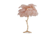 Lampe en laiton et plumes roses Hollywood Regency