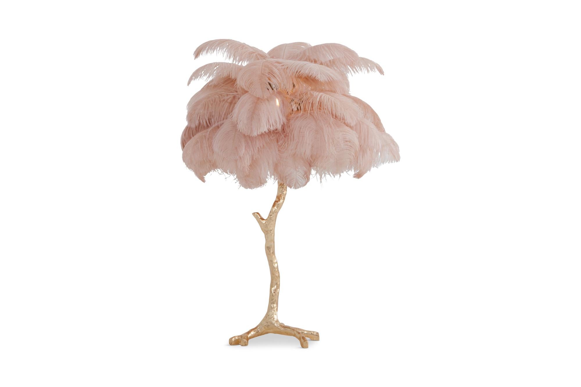 Resin Hollywood Regency Brass and Pink Feather Lamp