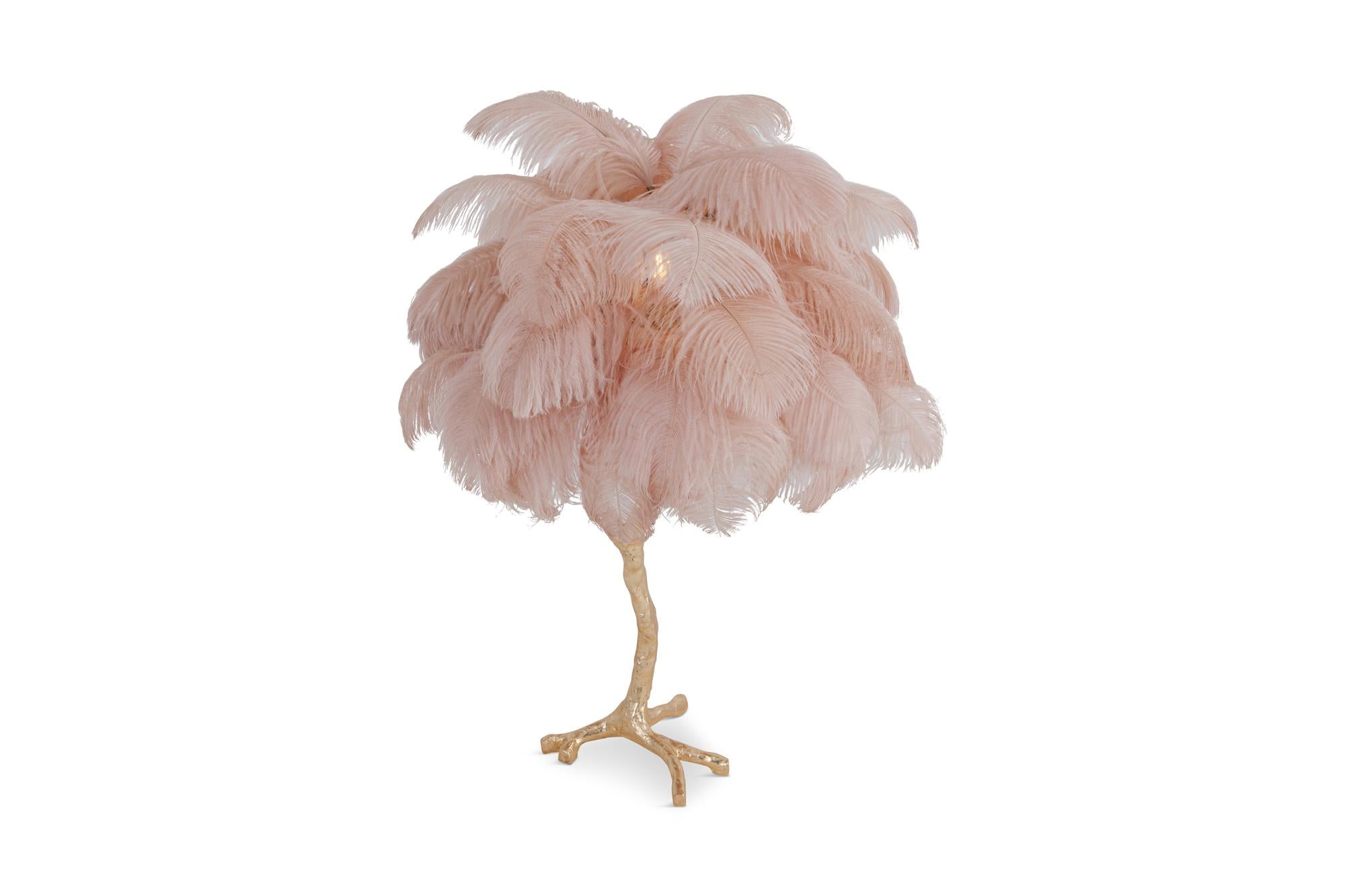 Resin Hollywood Regency Brass and Pink Feather Lamp