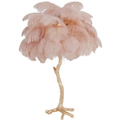 Hollywood Regency Brass and Pink Feather Lamp
