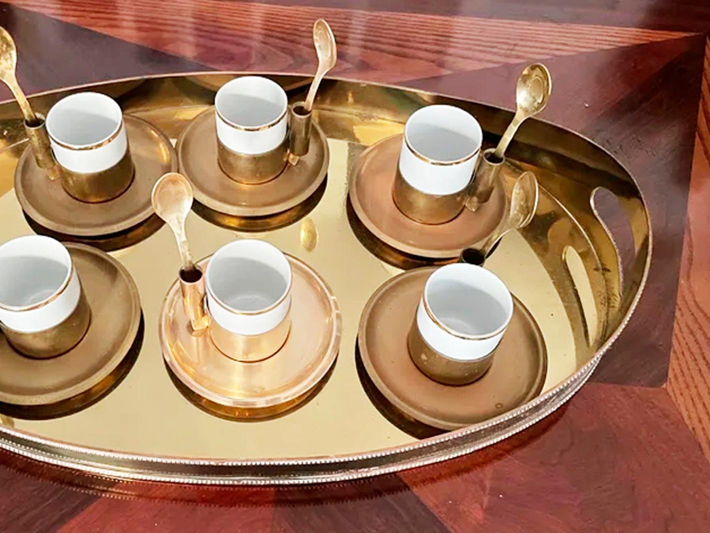 Mid-Century Modern Hollywood Regency Brass and Porcelain Coffee or Tea Set and Tray, Italy, 70s For Sale