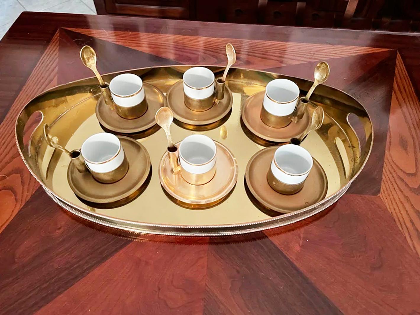 Italian Hollywood Regency Brass and Porcelain Coffee or Tea Set and Tray, Italy, 70s For Sale