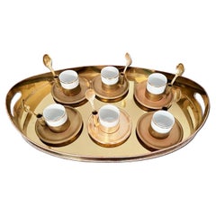 Hollywood Regency Brass and Porcelain Coffee or Tea Set and Tray, Italy, 70s