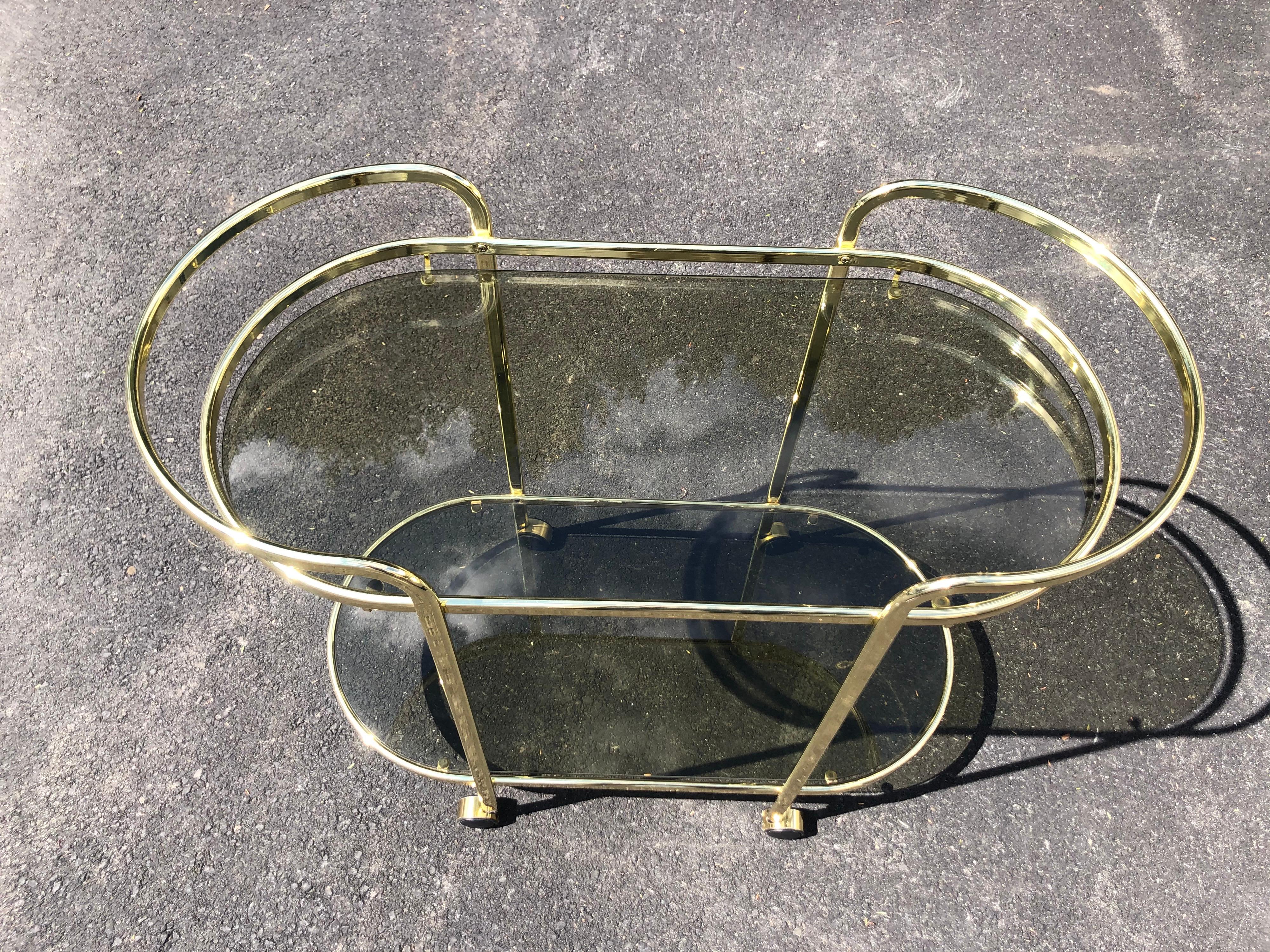 Hollywood Regency Brass and Smoked Glass Bar Cart 8