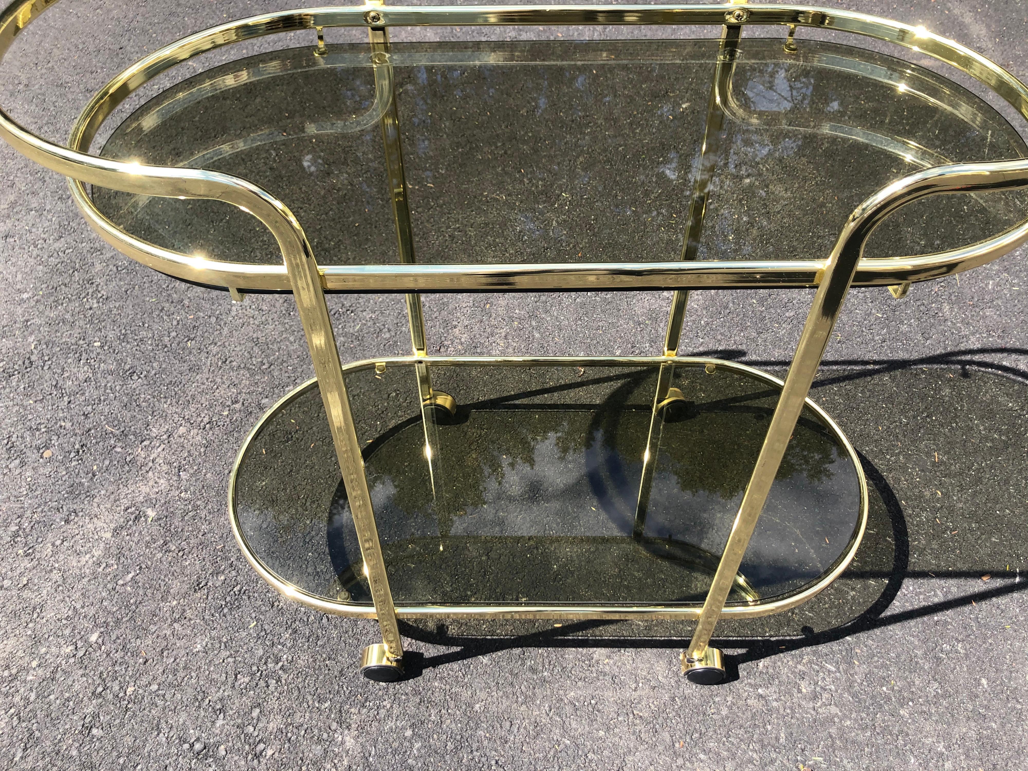 Hollywood Regency Brass and Smoked Glass Bar Cart 9
