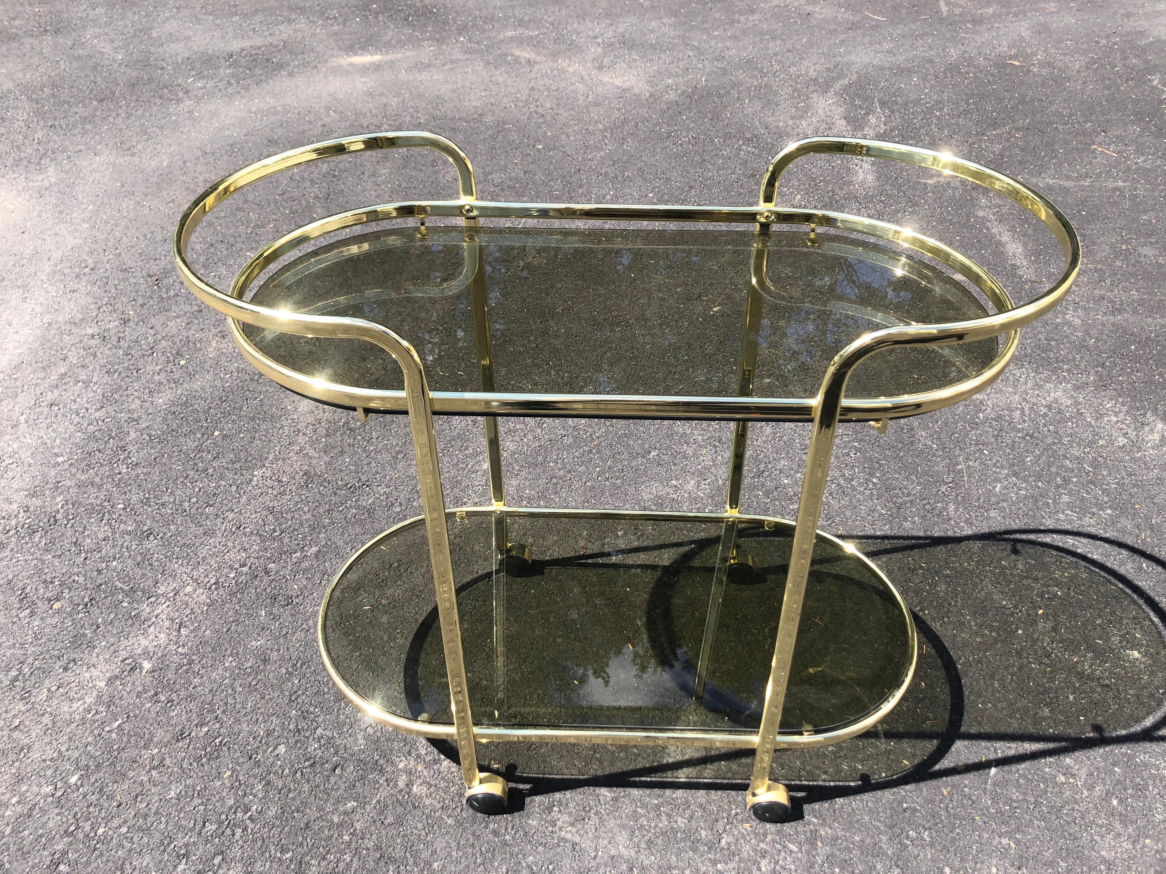 Hollywood Regency Brass and Smoked Glass Bar Cart In Good Condition In Redding, CT