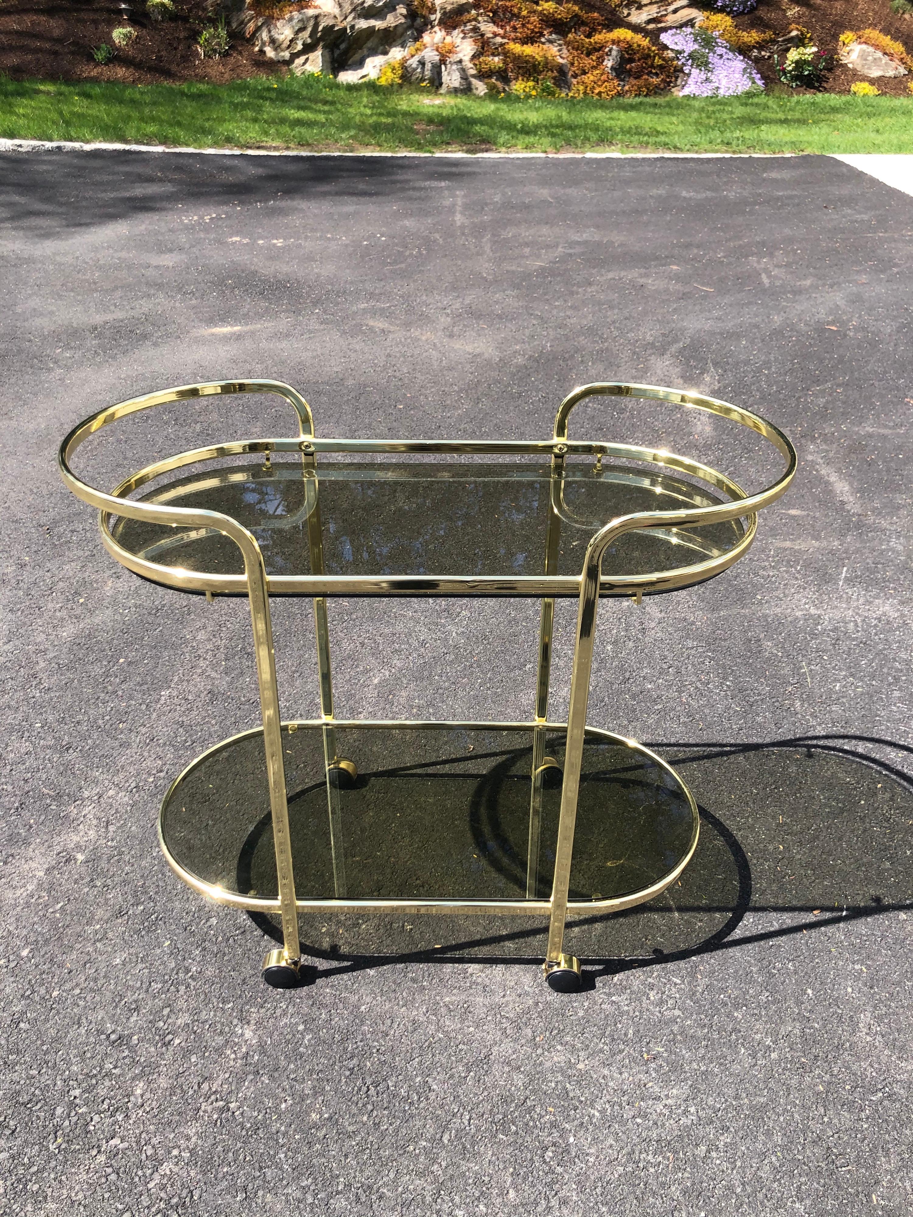 Late 20th Century Hollywood Regency Brass and Smoked Glass Bar Cart