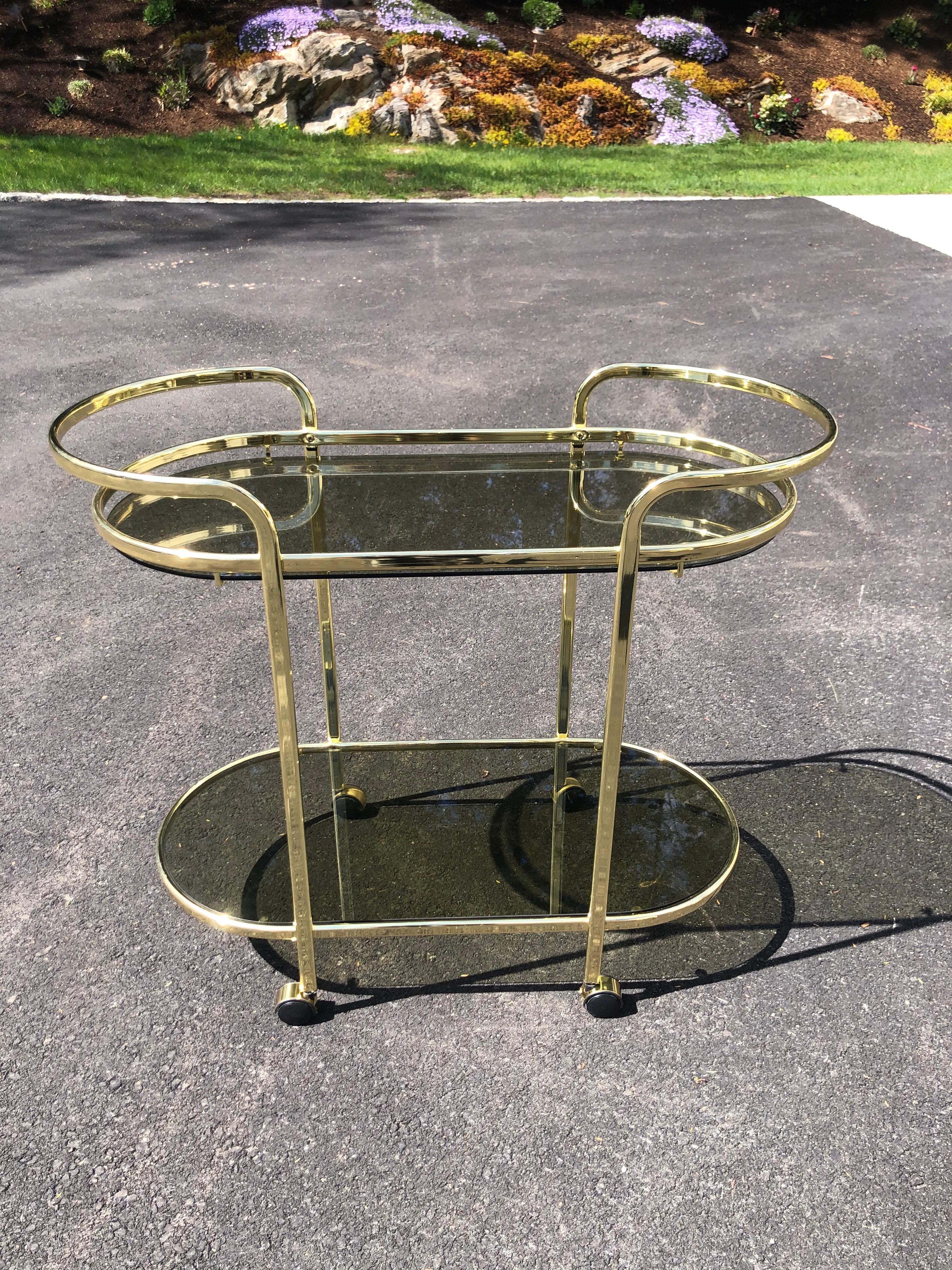 Hollywood Regency Brass and Smoked Glass Bar Cart 2