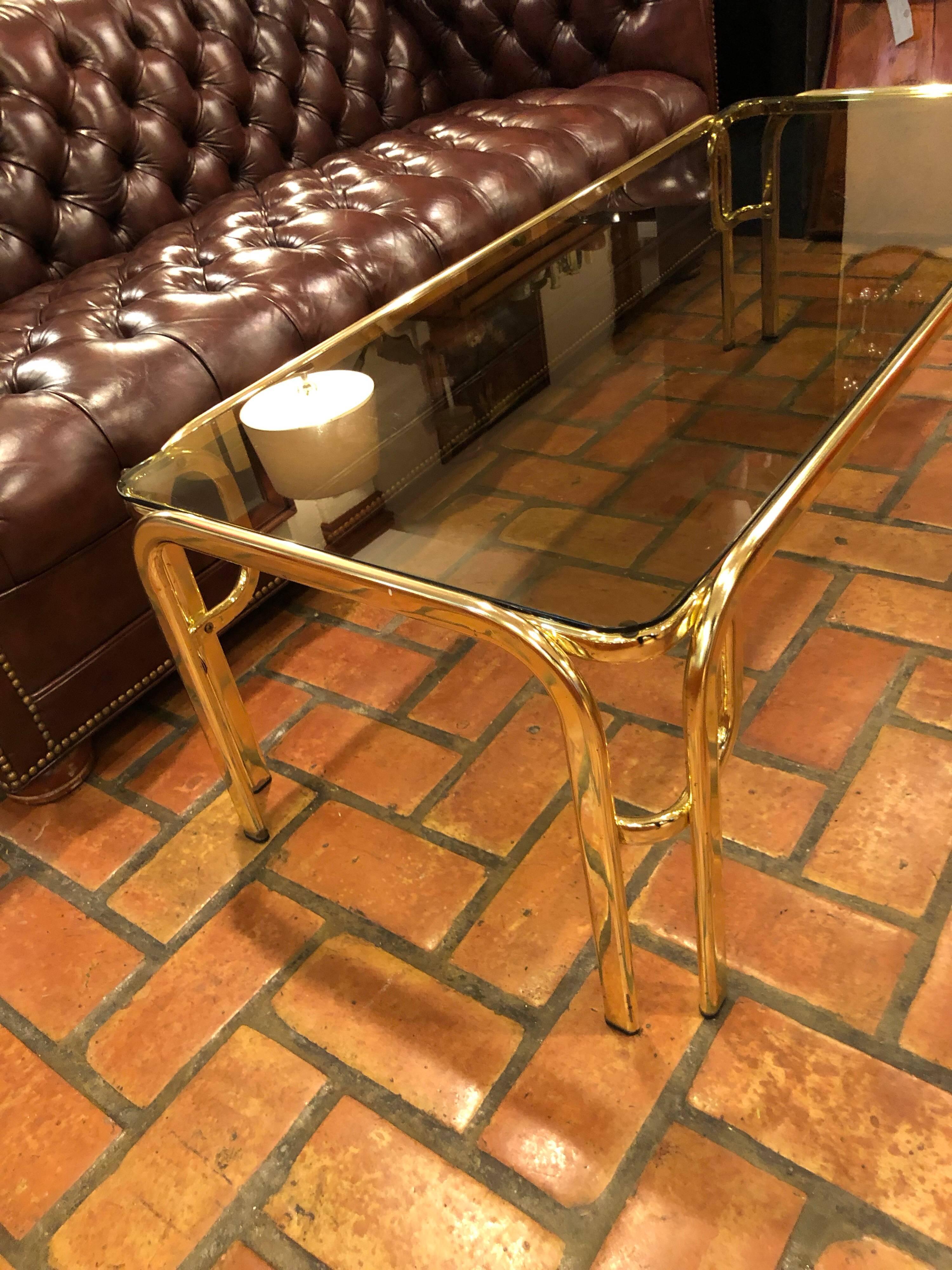 Mid-Century Modern Hollywood Regency Brass and Smoked Glass Coffee Table