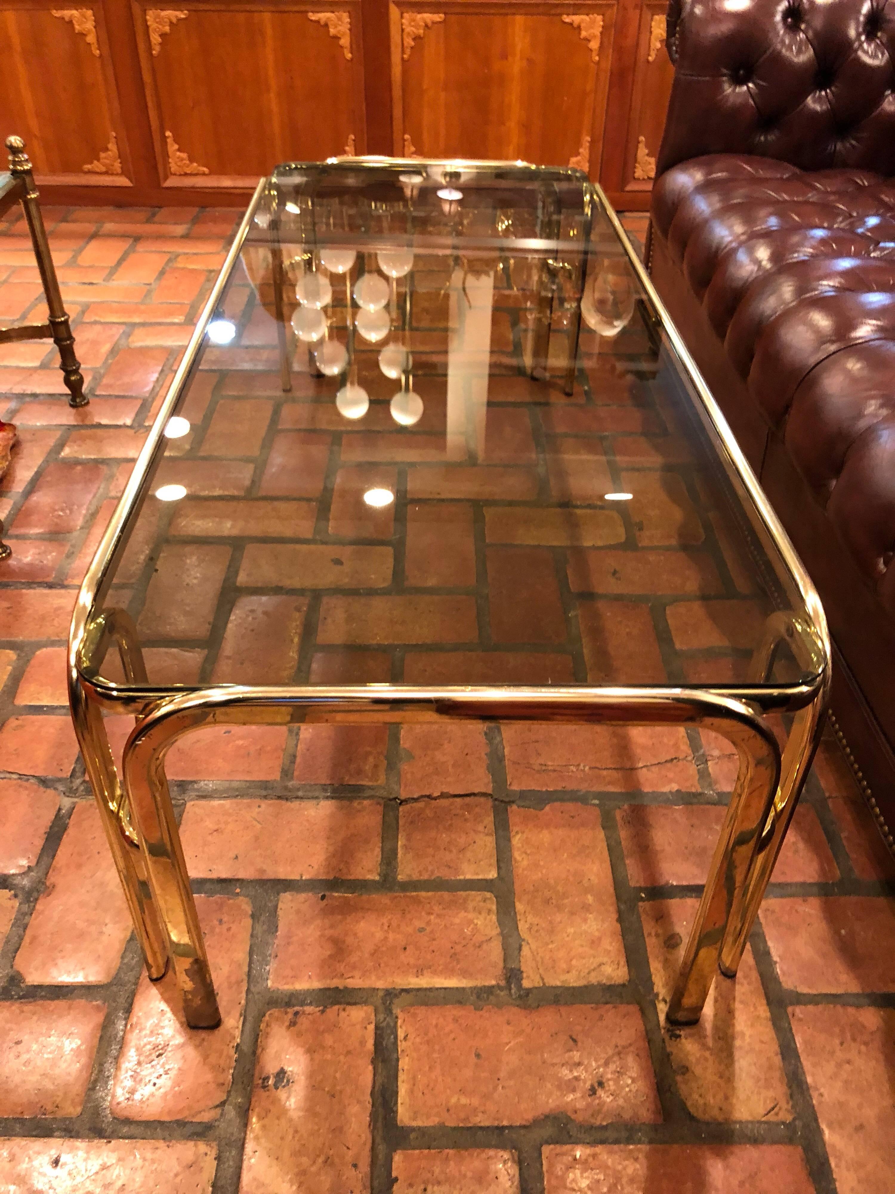 Hollywood Regency Brass and Smoked Glass Coffee Table 2