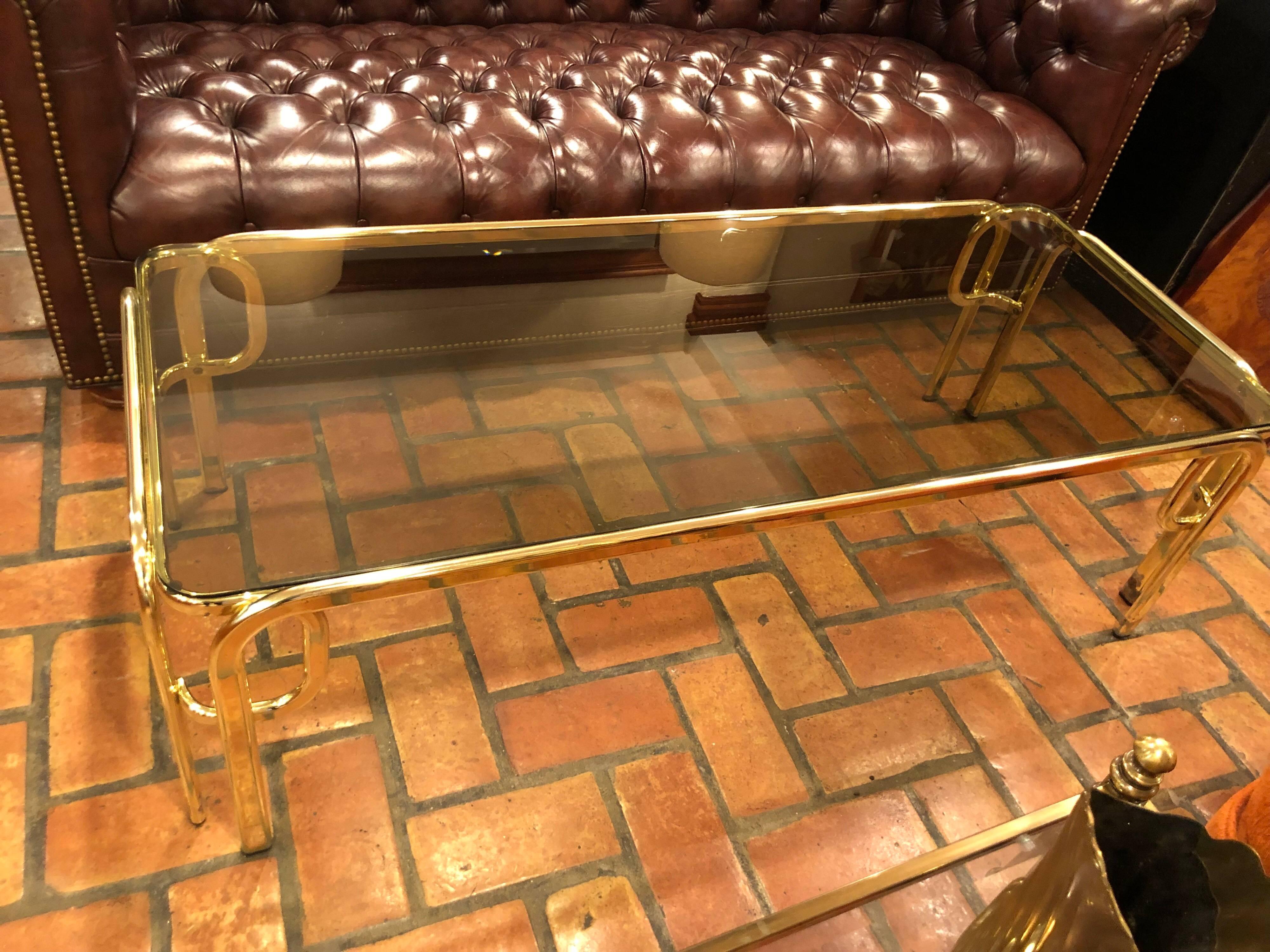 Hollywood Regency Brass and Smoked Glass Coffee Table 4