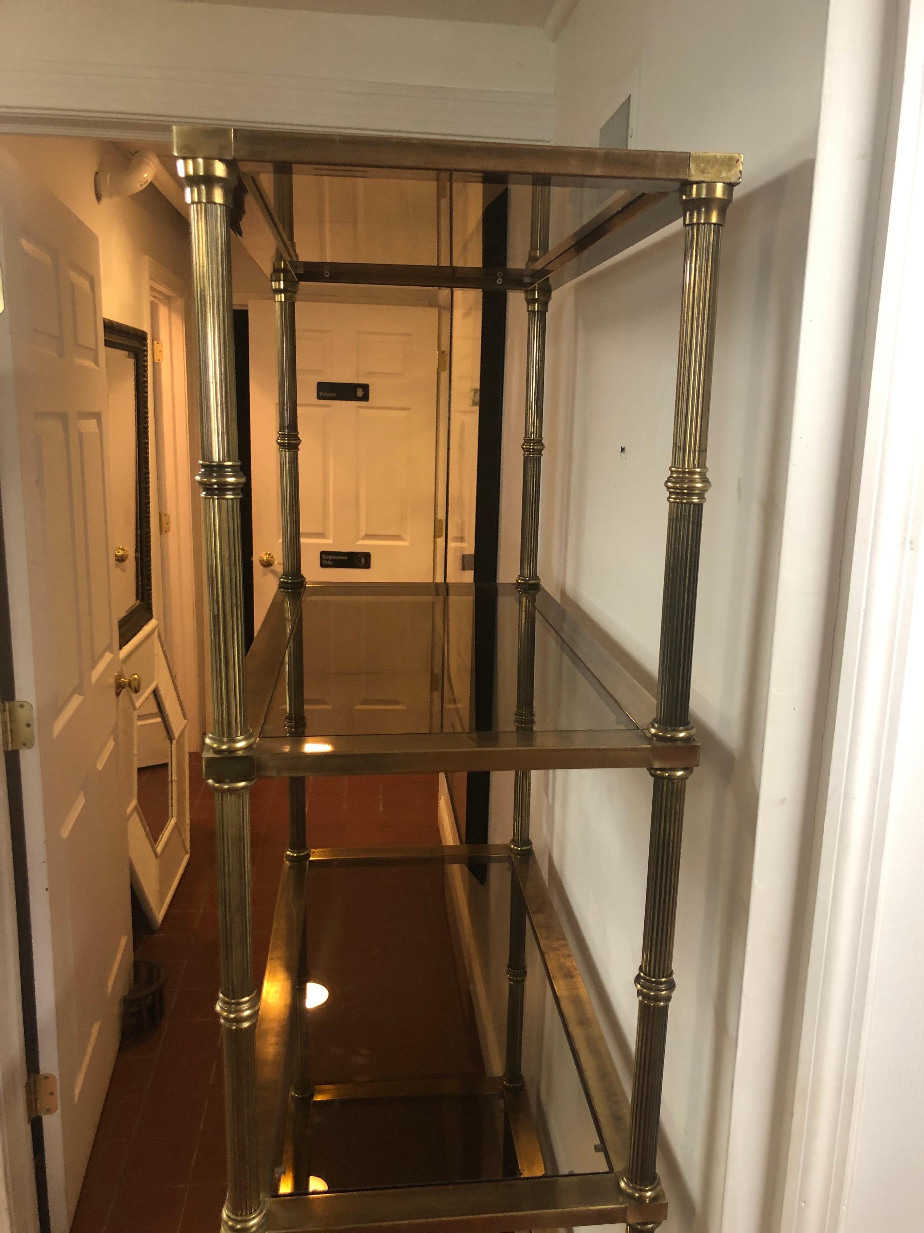 Hollywood Regency Brass and Smoked Glass Etagere For Sale 5
