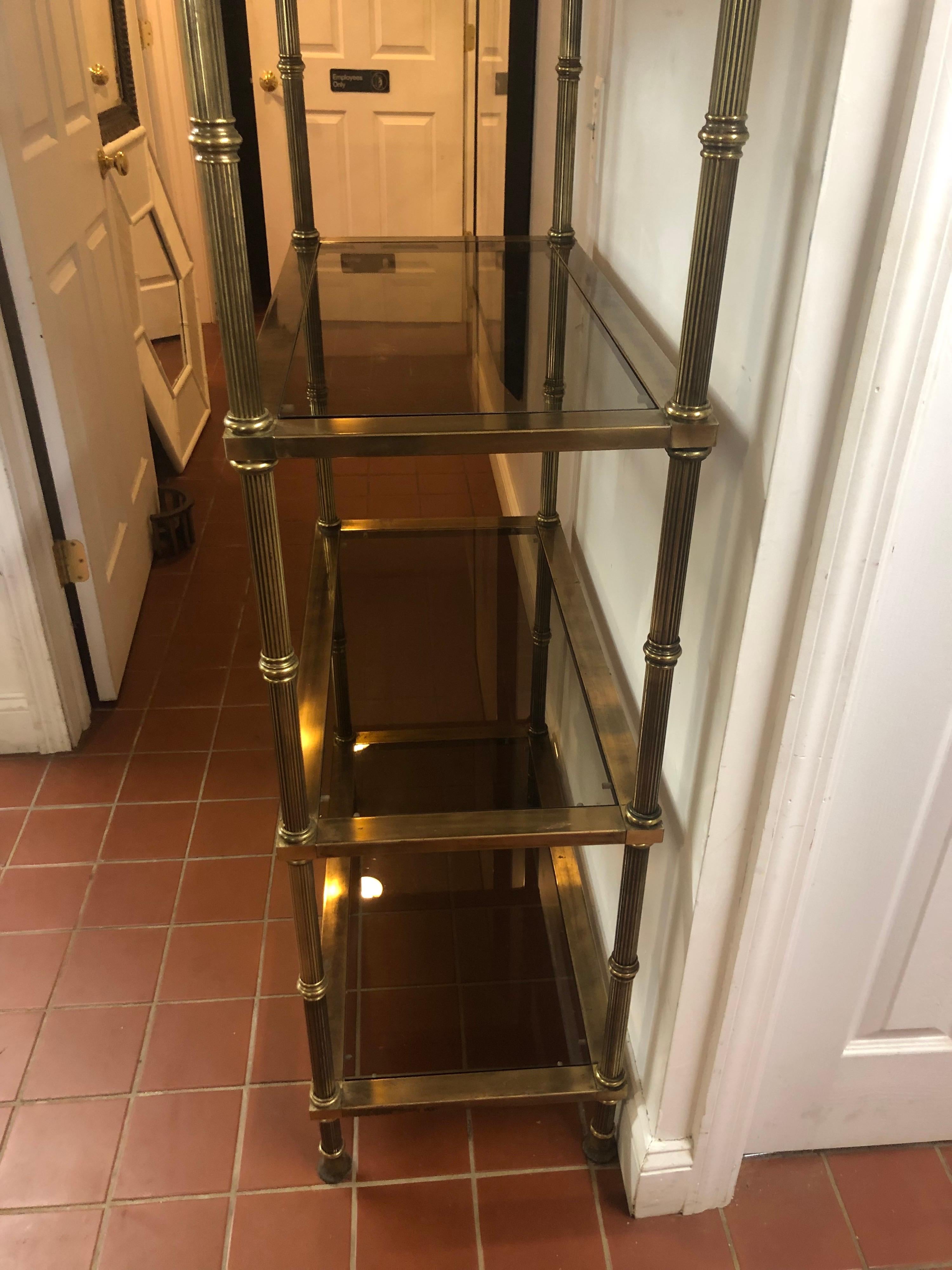 Hollywood Regency Brass and Smoked Glass Etagere For Sale 6