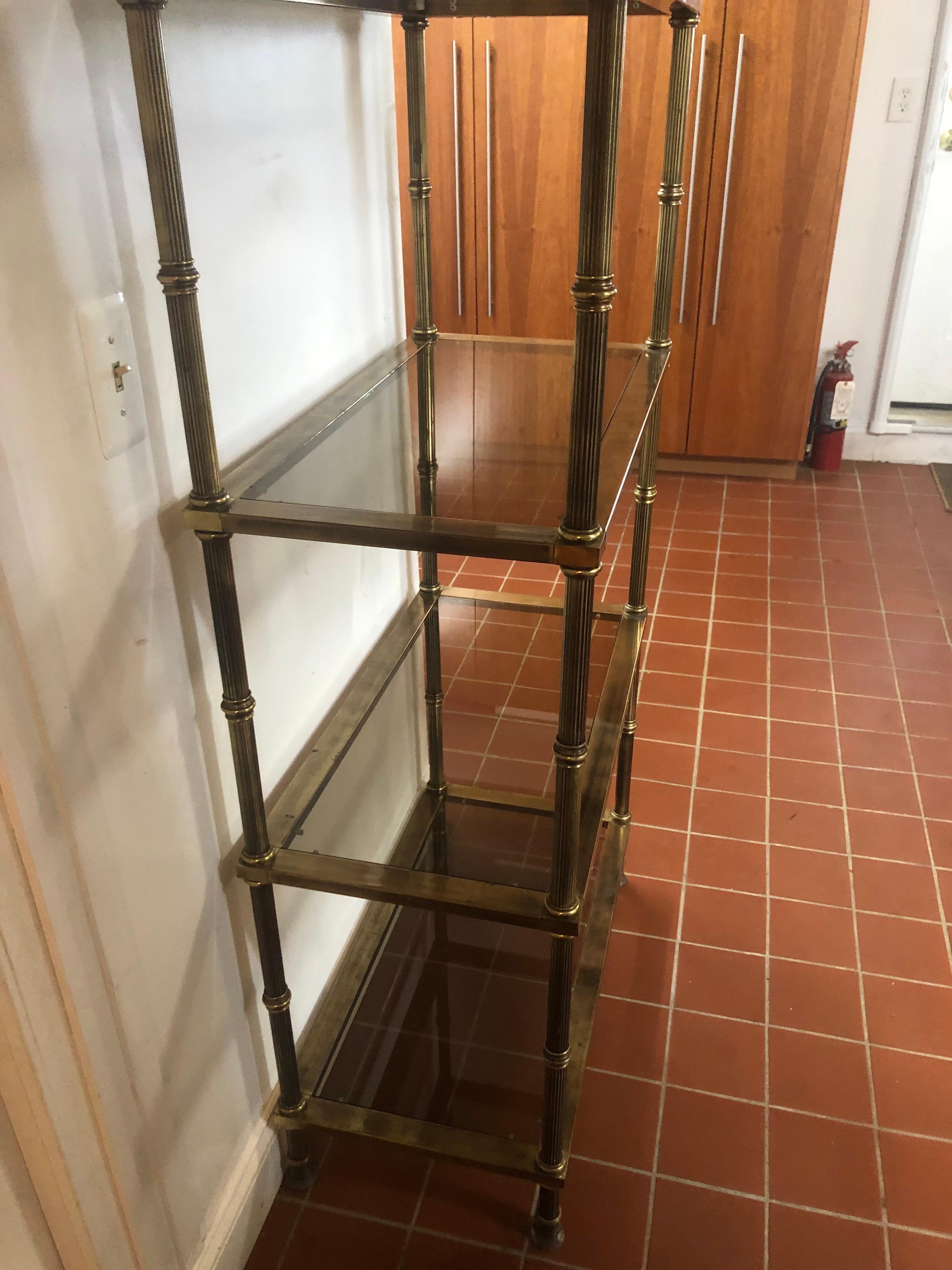 Hollywood Regency Brass and Smoked Glass Etagere For Sale 7