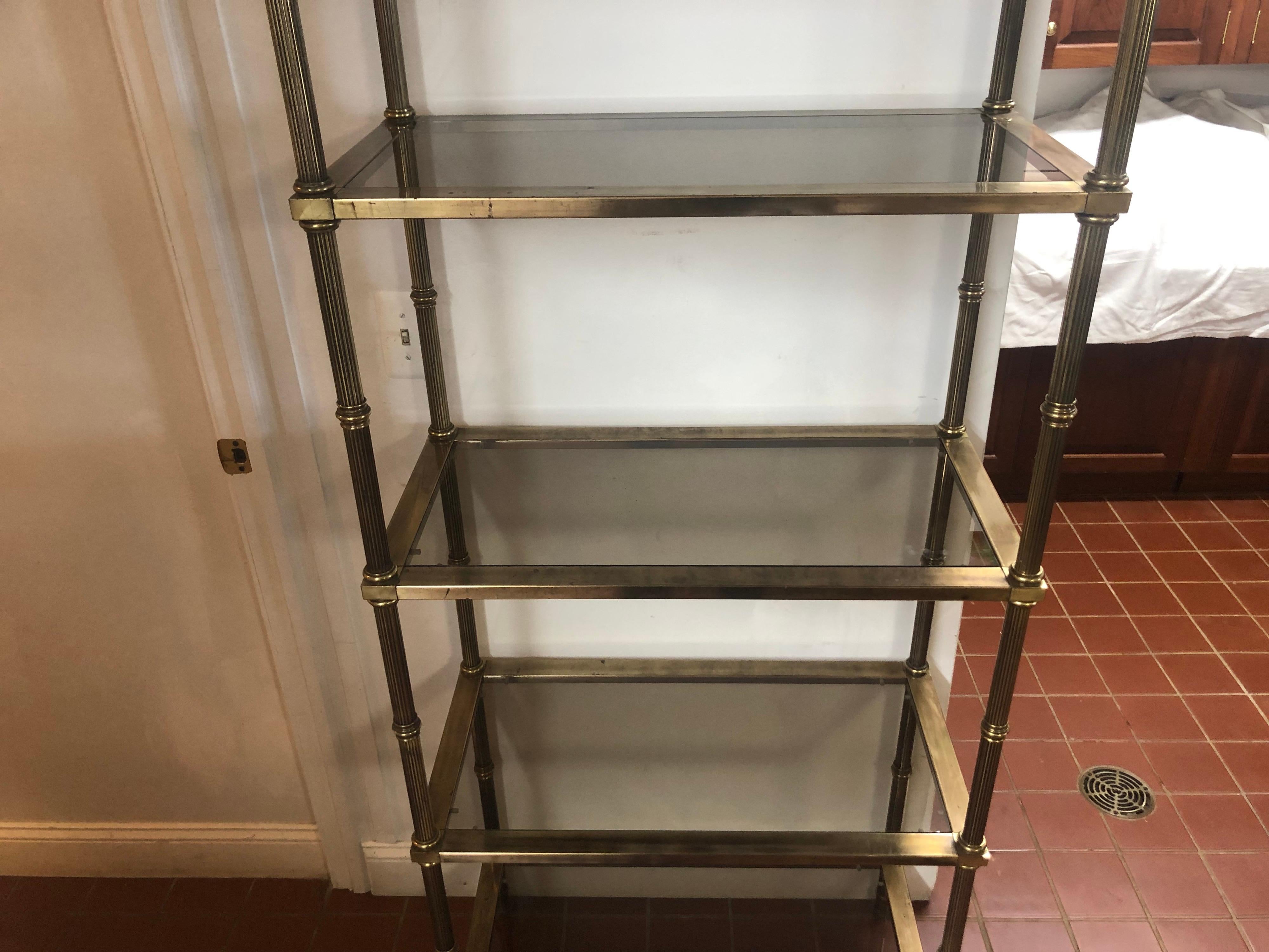 Hollywood Regency Brass and Smoked Glass Etagere For Sale 10