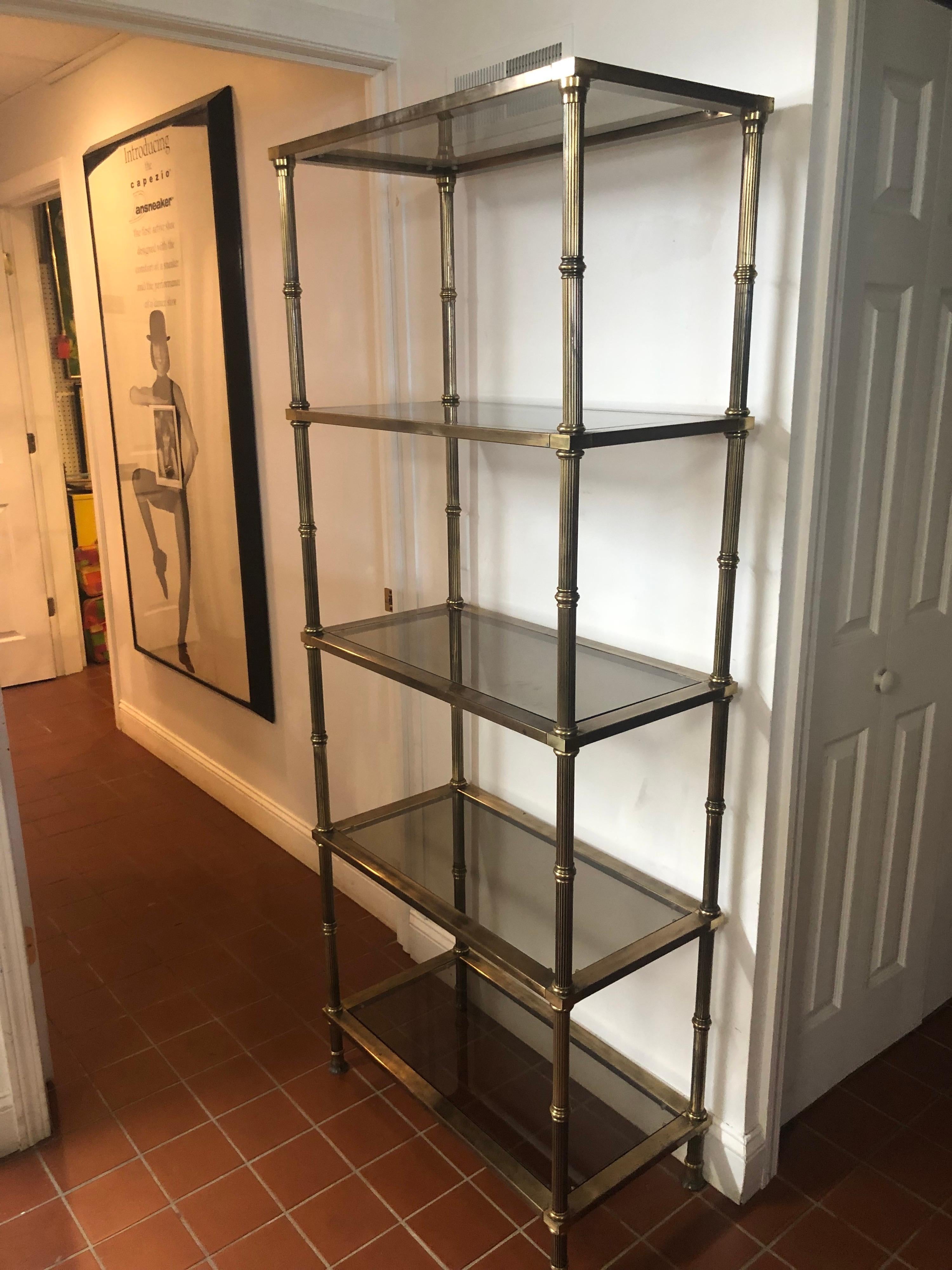 Hollywood Regency Brass and Smoked Glass Etagere In Good Condition For Sale In Redding, CT