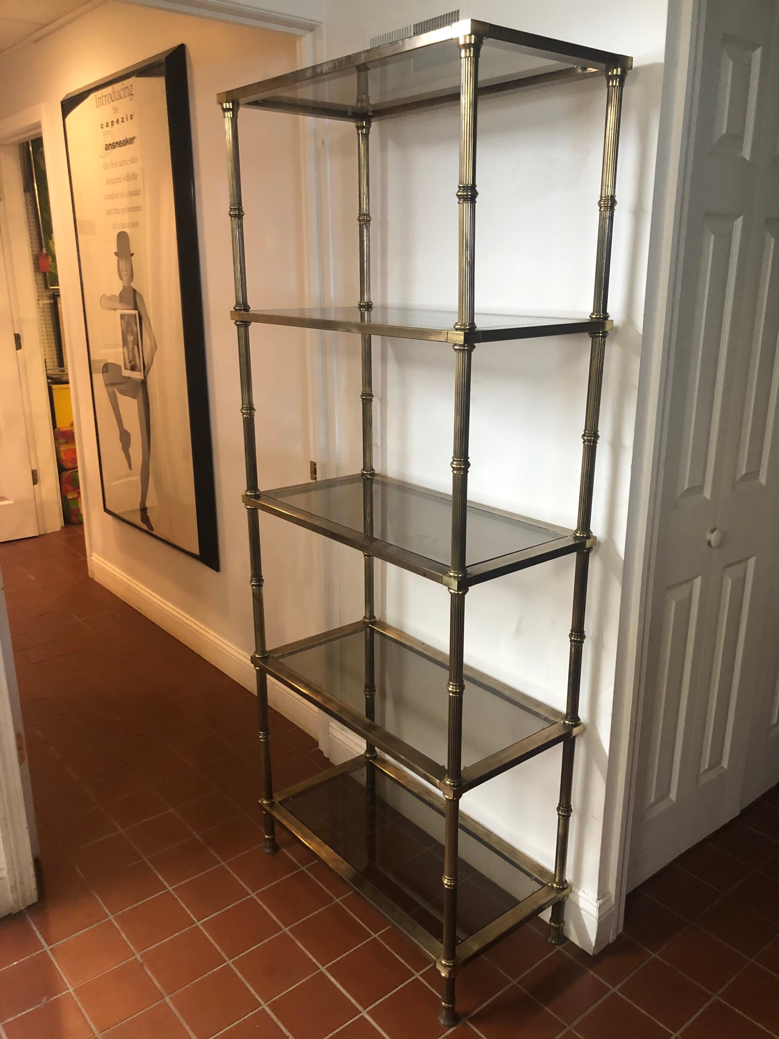 Late 20th Century Hollywood Regency Brass and Smoked Glass Etagere For Sale