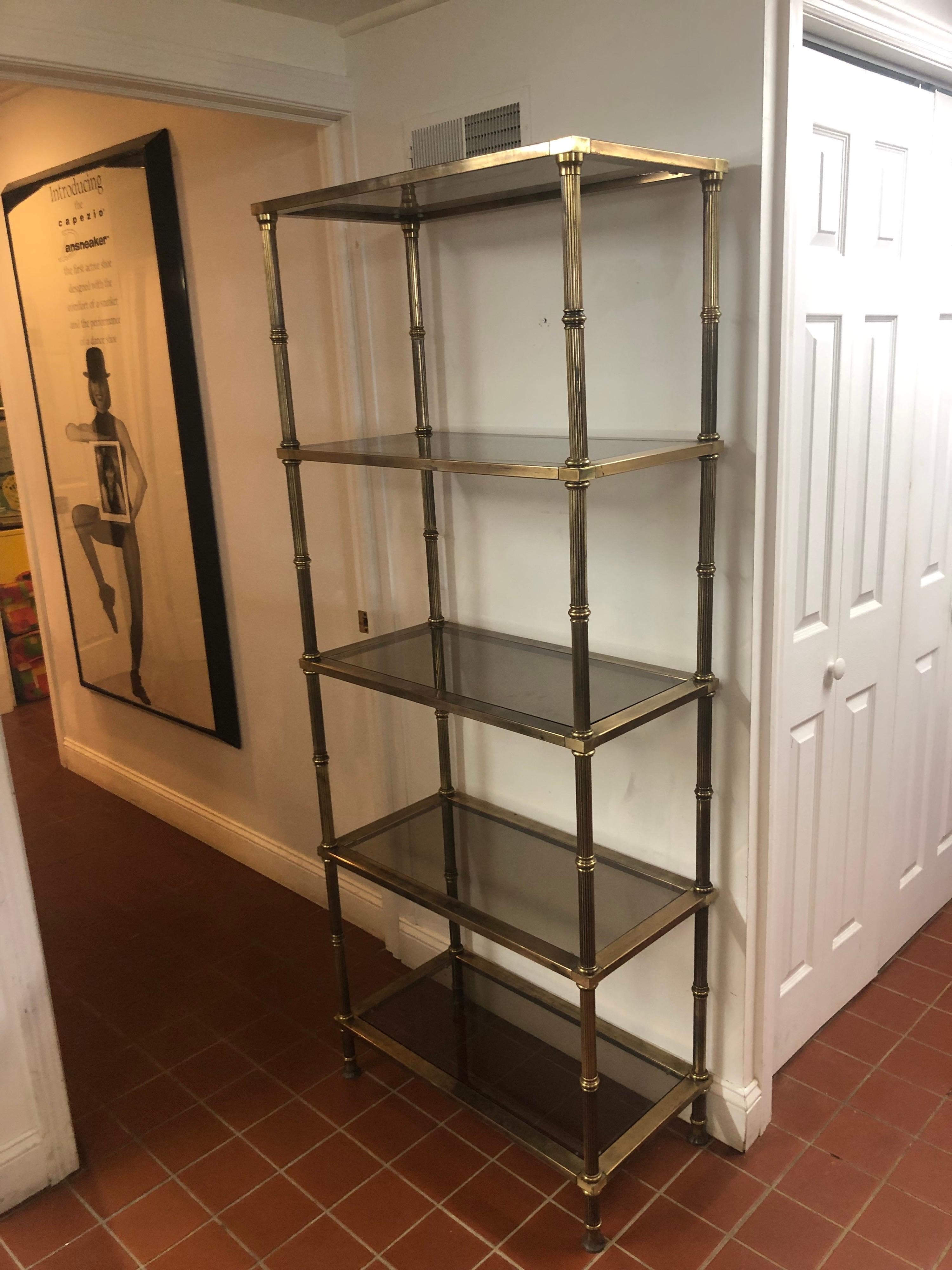 Hollywood Regency Brass and Smoked Glass Etagere For Sale 2