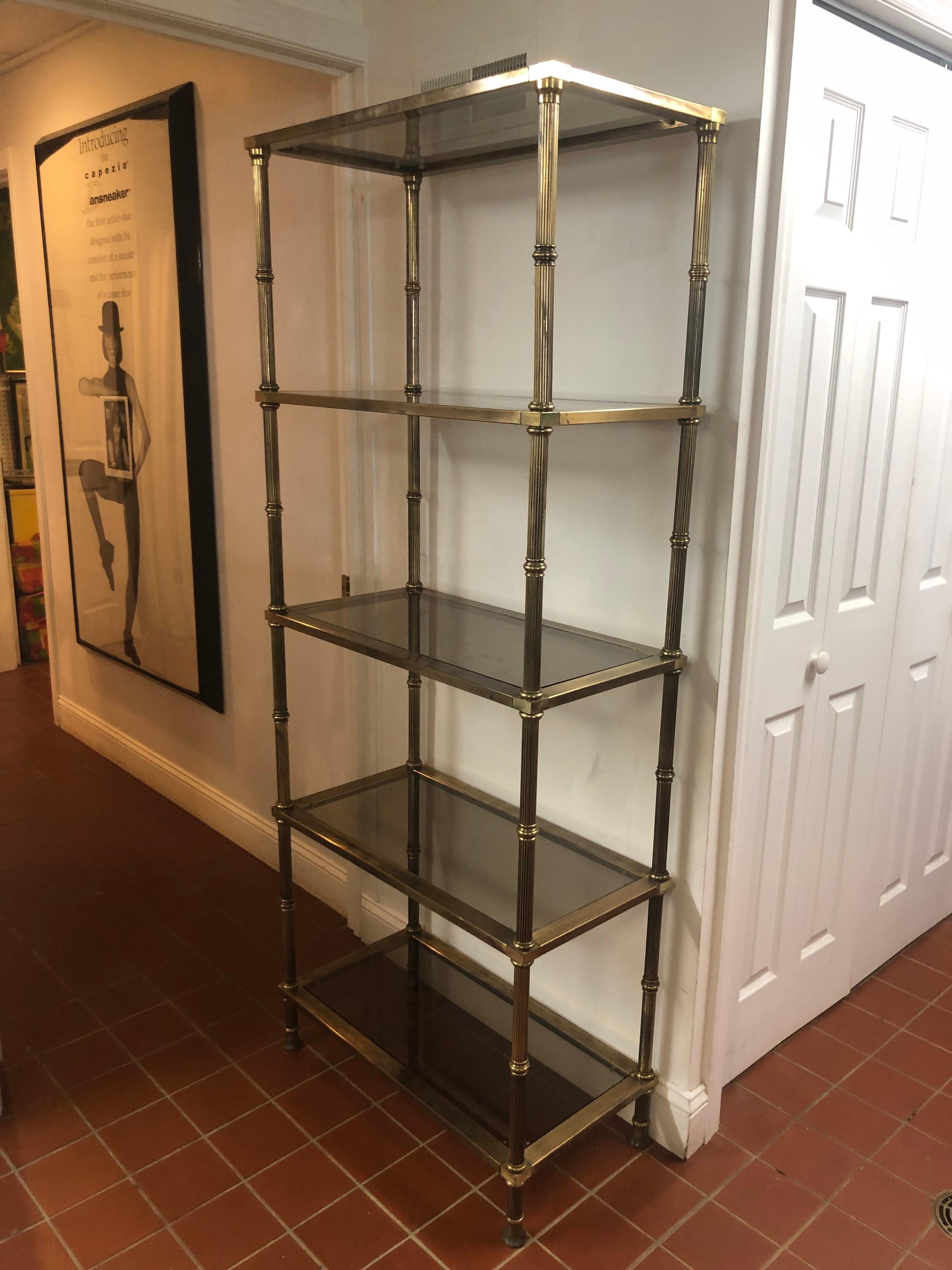 Hollywood Regency Brass and Smoked Glass Etagere For Sale 3
