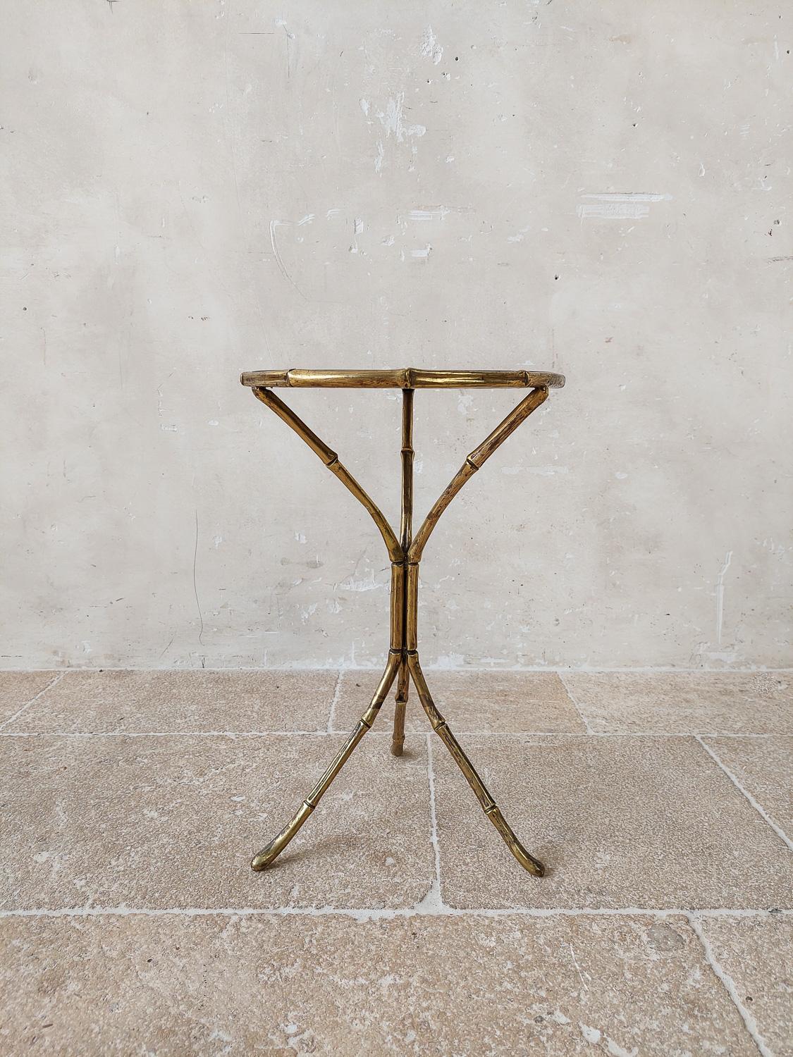 French Hollywood Regency Brass and Smoked Glass Side Table by Maison Bagues, 1960s