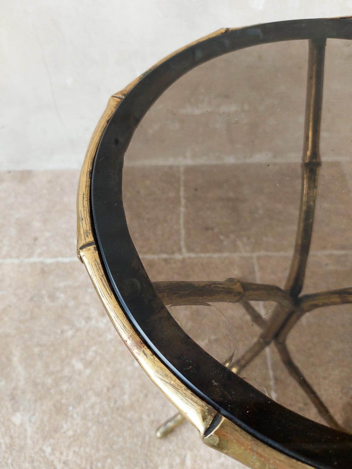 Hollywood Regency Brass and Smoked Glass Side Table by Maison Bagues, 1960s In Good Condition In Baambrugge, NL