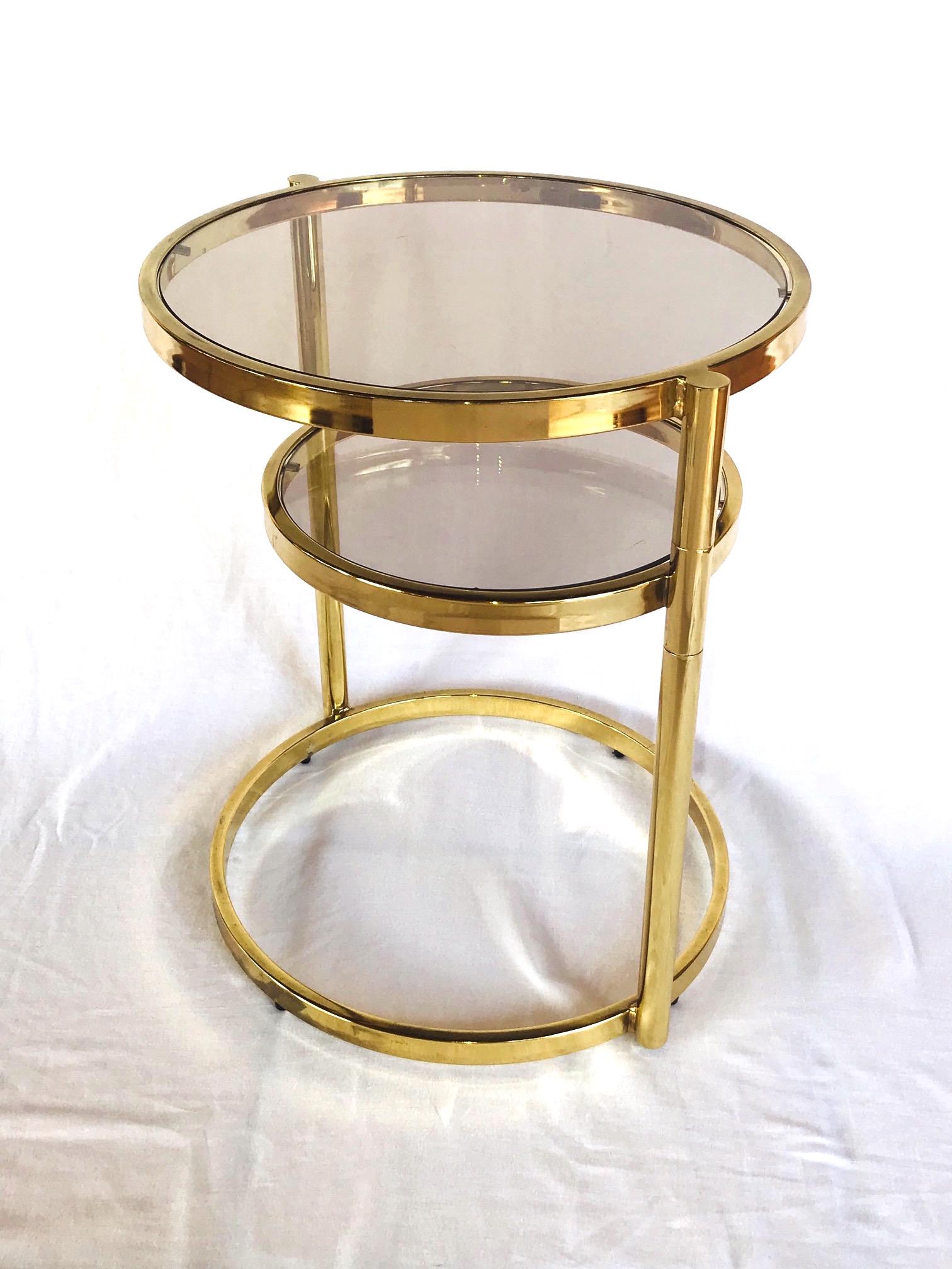 Plated Hollywood Regency Brass and Smoked Glass Swivel Side Table by DIA, 1970s