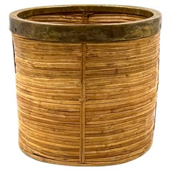 Hollywood regency brass and wicker paper basket, Italy ca. 1970