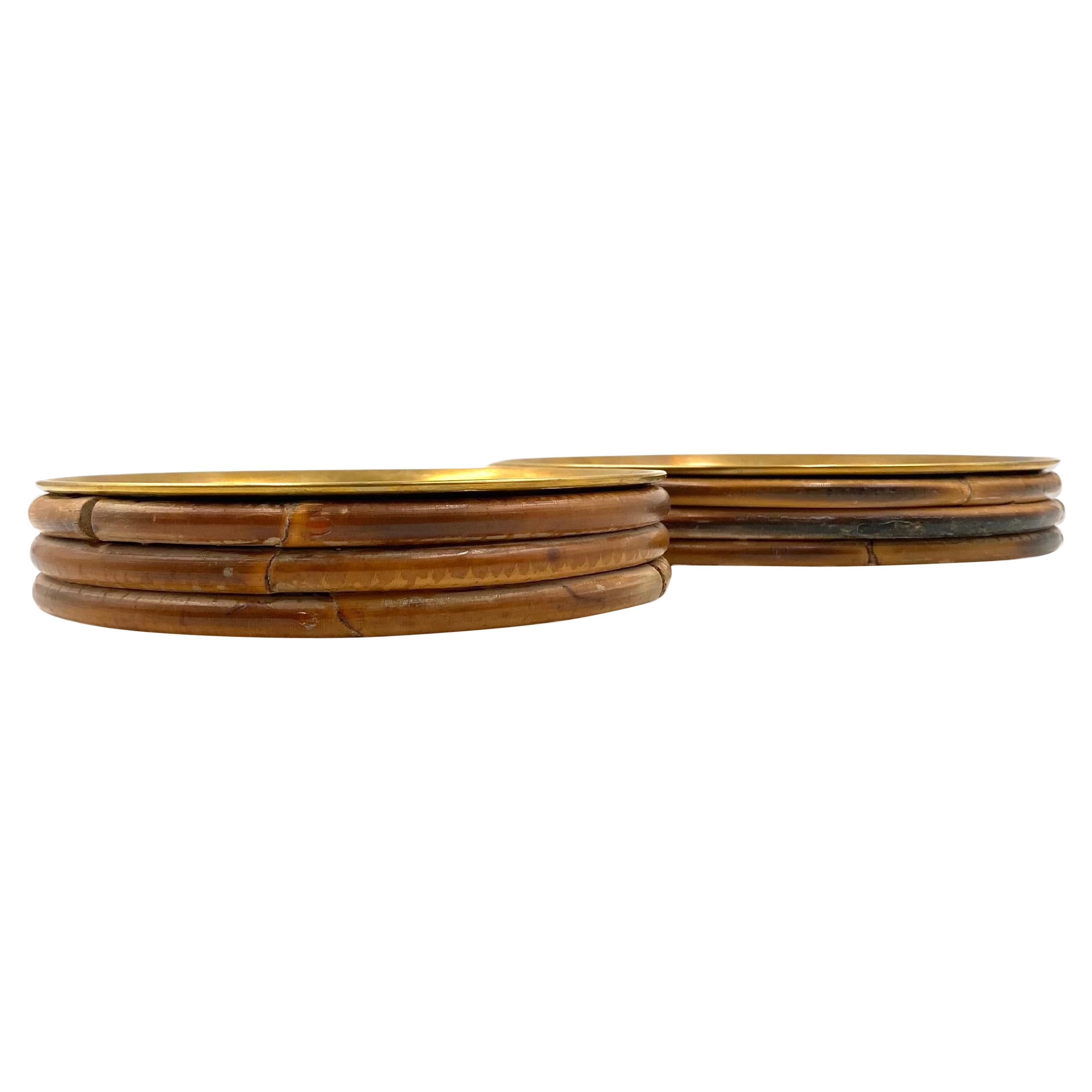 Hollywood regency brass and wicker set of 2 vide poche, Italy ca. 1970
