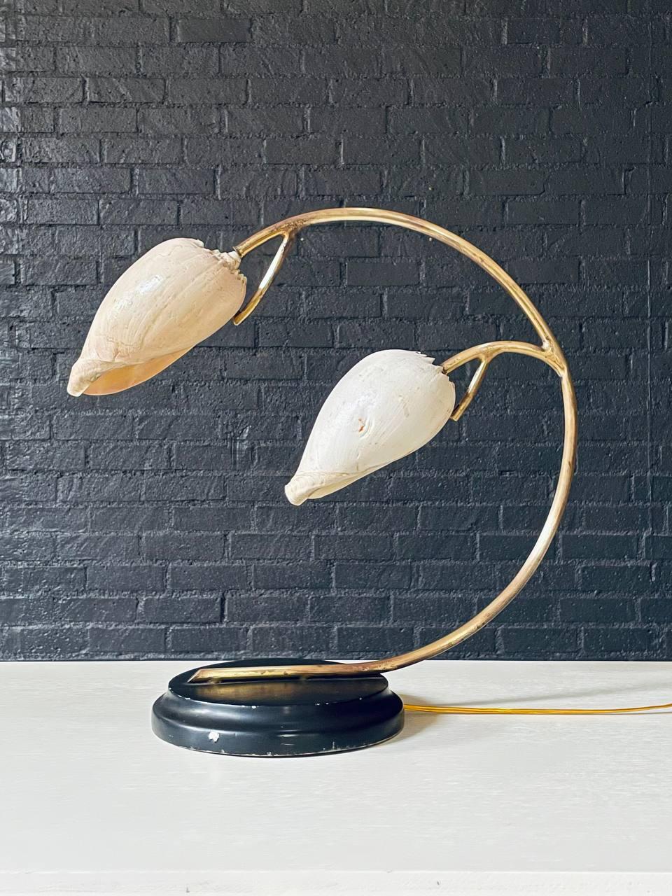 American Hollywood Regency Brass Arch Table Lamp w/ Authentic Seashell Shades For Sale