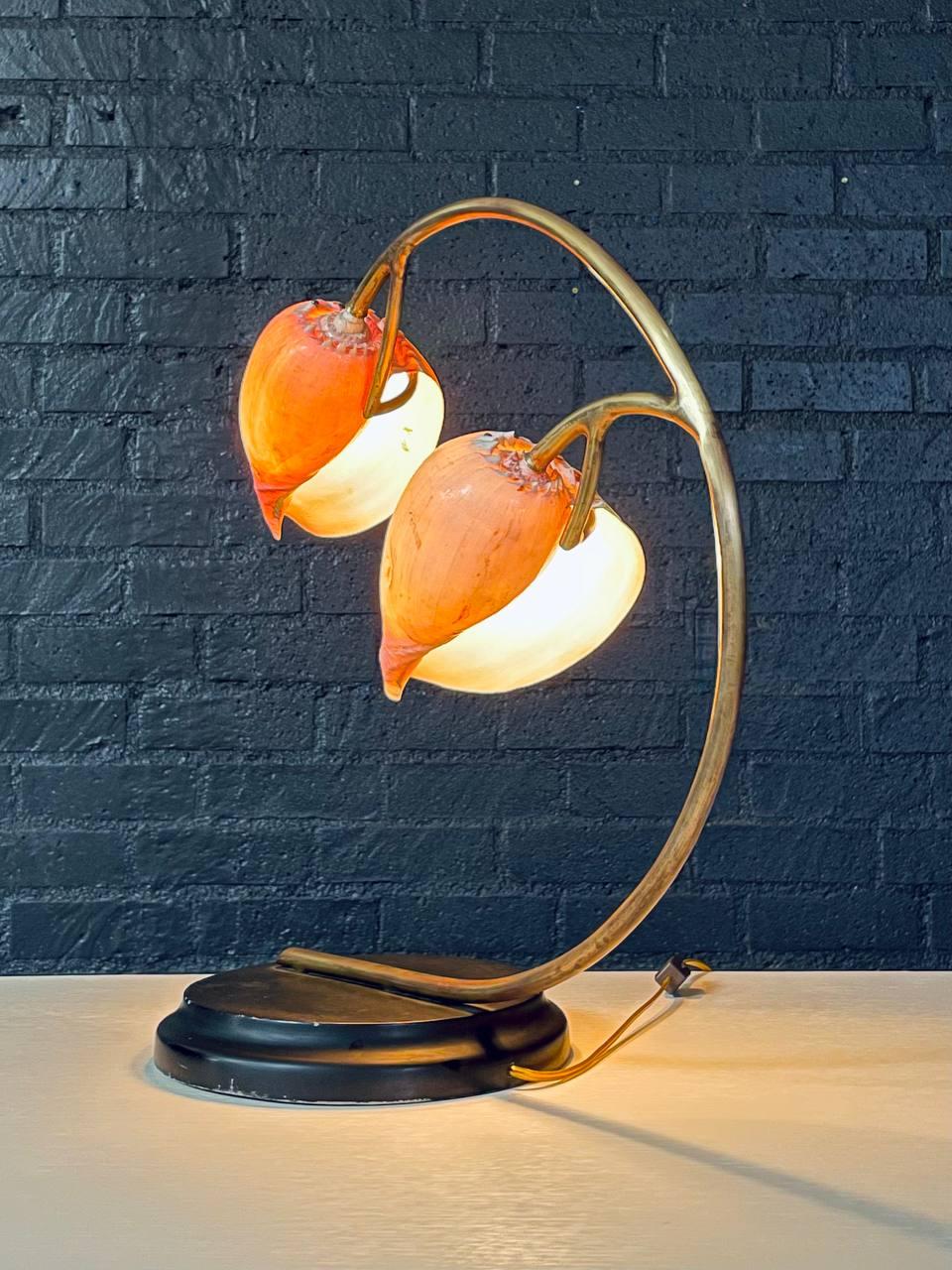 Late 20th Century Hollywood Regency Brass Arch Table Lamp w/ Authentic Seashell Shades For Sale