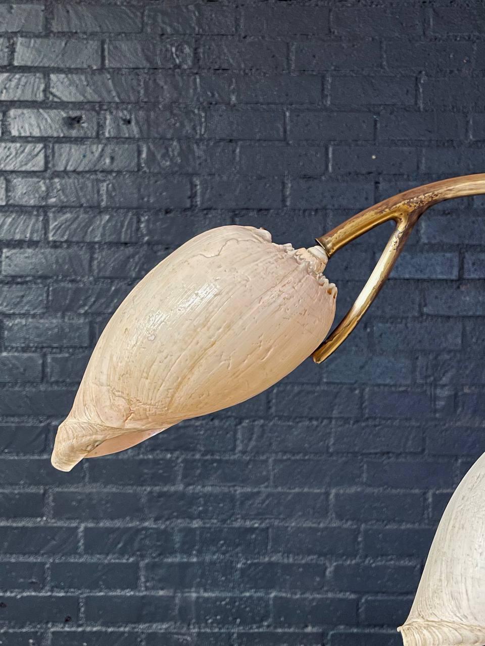 Hollywood Regency Brass Arch Table Lamp w/ Authentic Seashell Shades For Sale 1