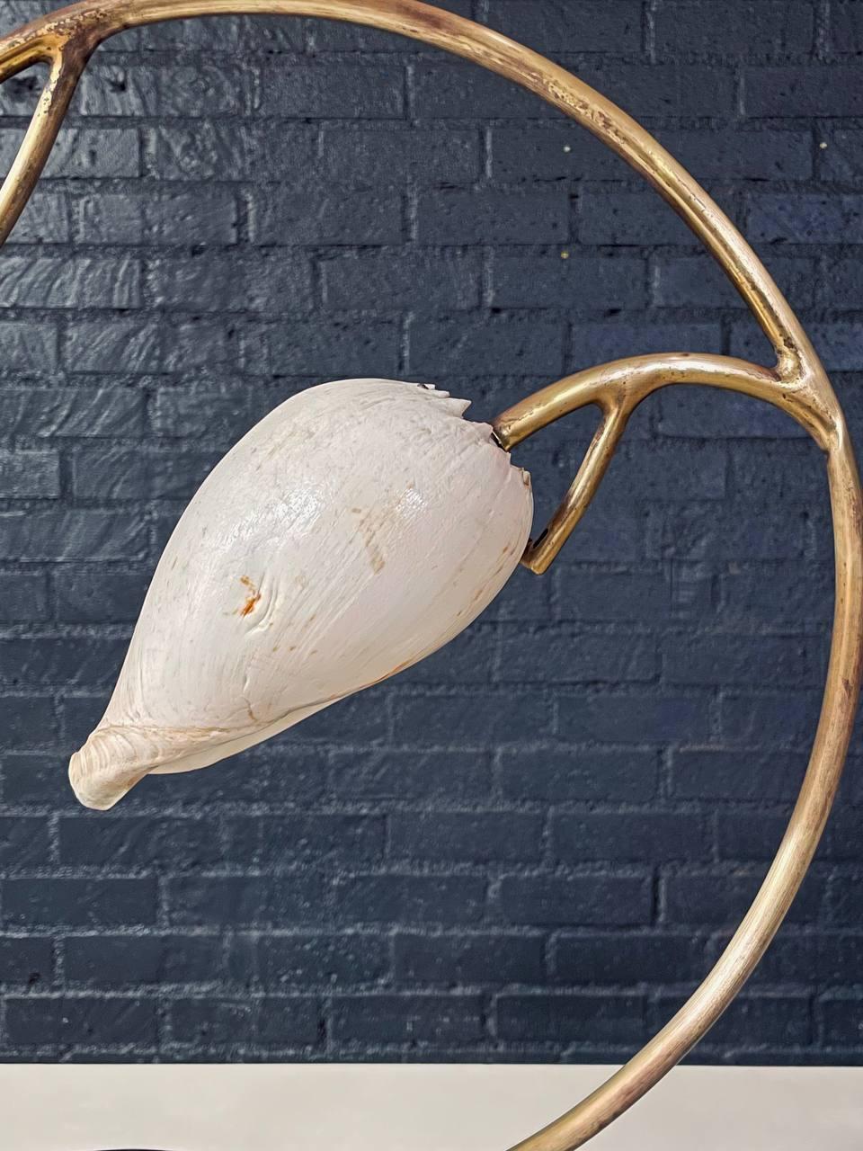 Hollywood Regency Brass Arch Table Lamp w/ Authentic Seashell Shades For Sale 2