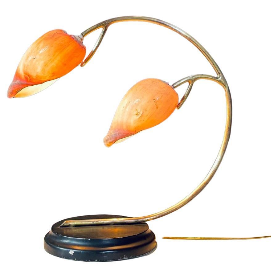 Hollywood Regency Brass Arch Table Lamp w/ Authentic Seashell Shades For Sale