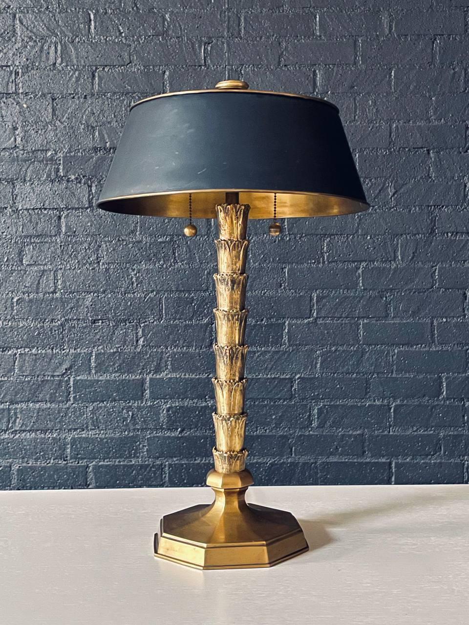 Hollywood Regency Brass As You Like It Stacked Leaf Table Lamp Black Metal Shade In Good Condition For Sale In Los Angeles, CA