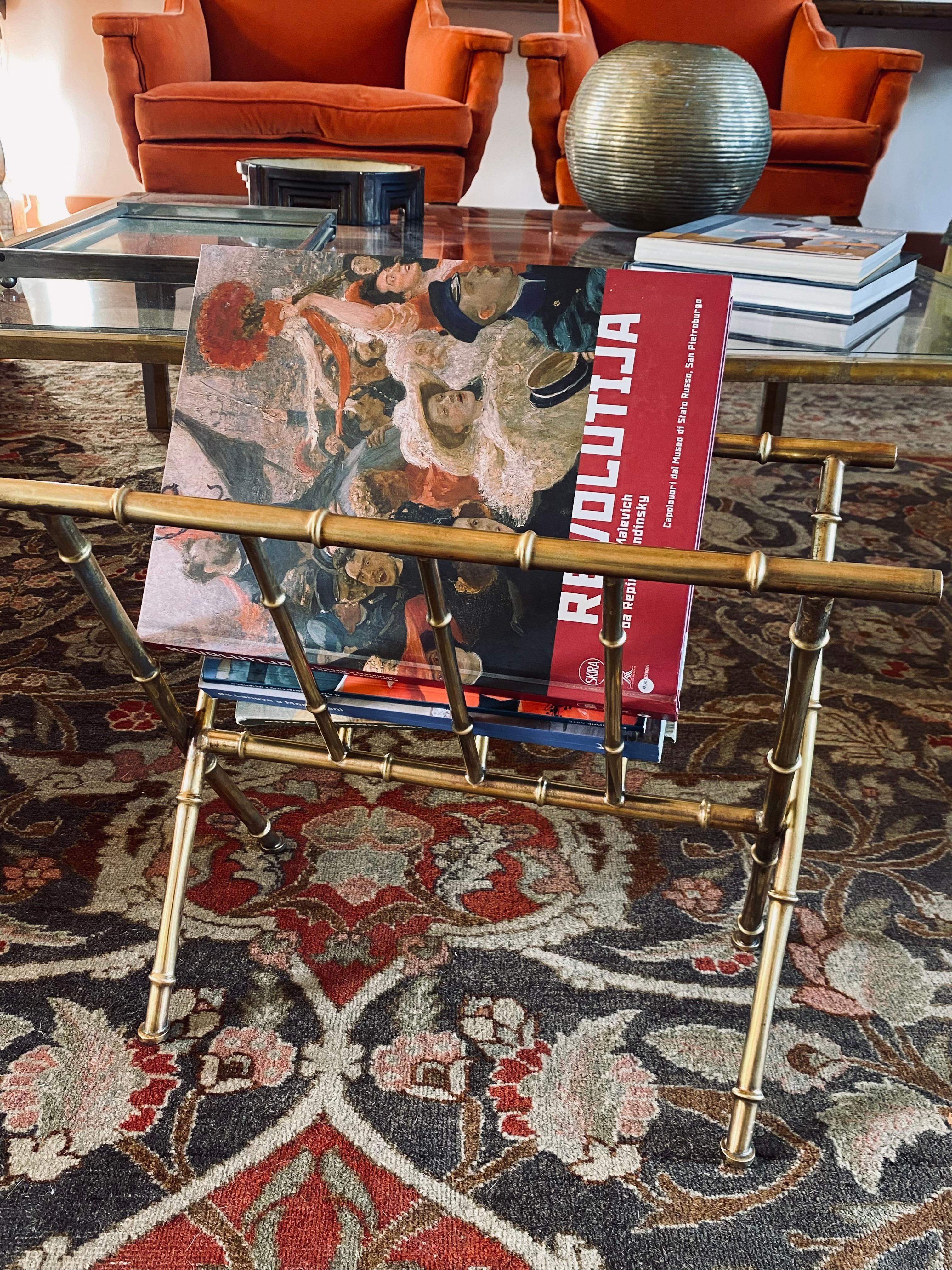 Hollywood regency Brass bamboo magazine rack, Maison Bagues France, 1970s 4
