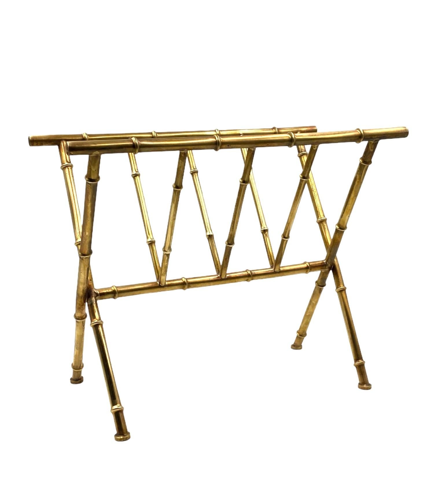 Late 20th Century Hollywood regency Brass bamboo magazine rack, Maison Bagues France, 1970s For Sale