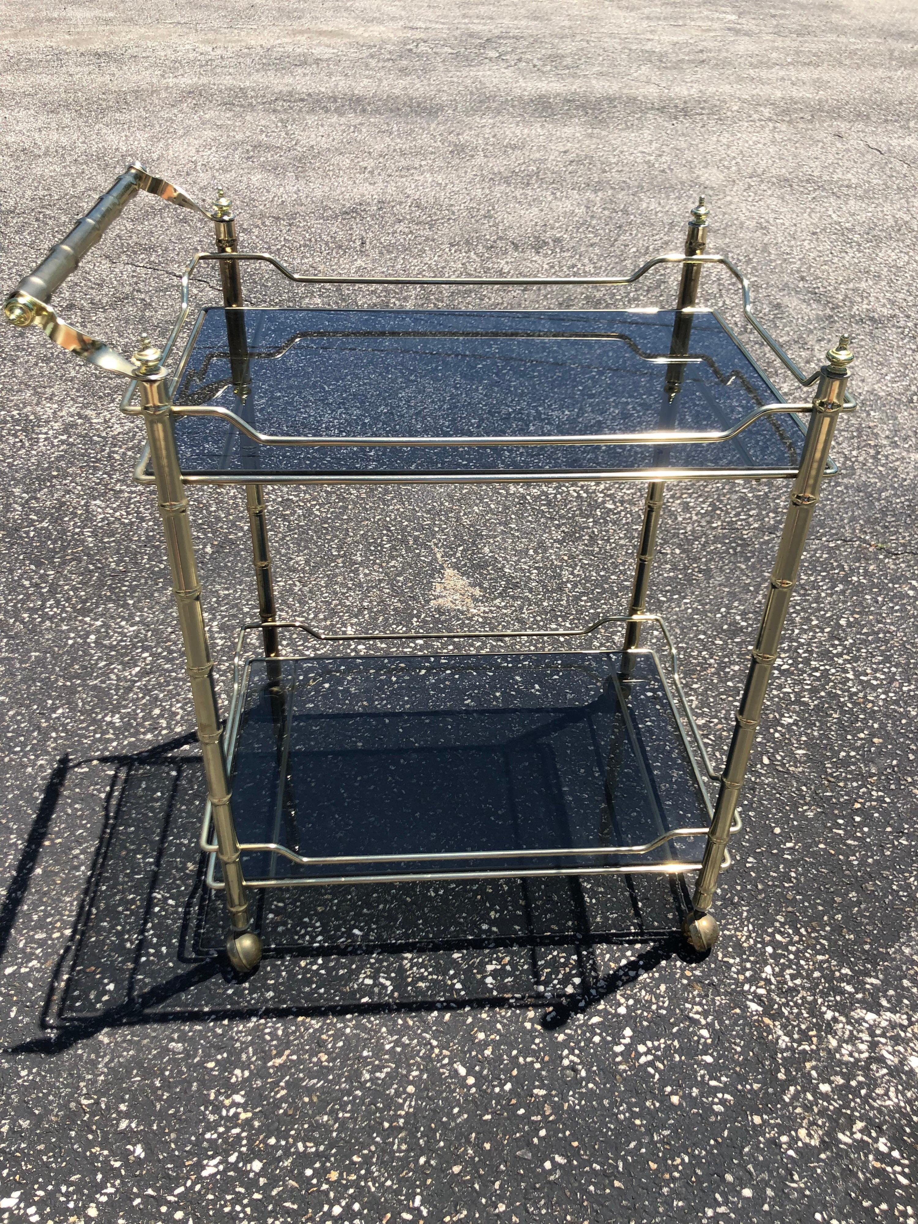 Hollywood Regency Brass Bar Cart with Smoked Glass 8