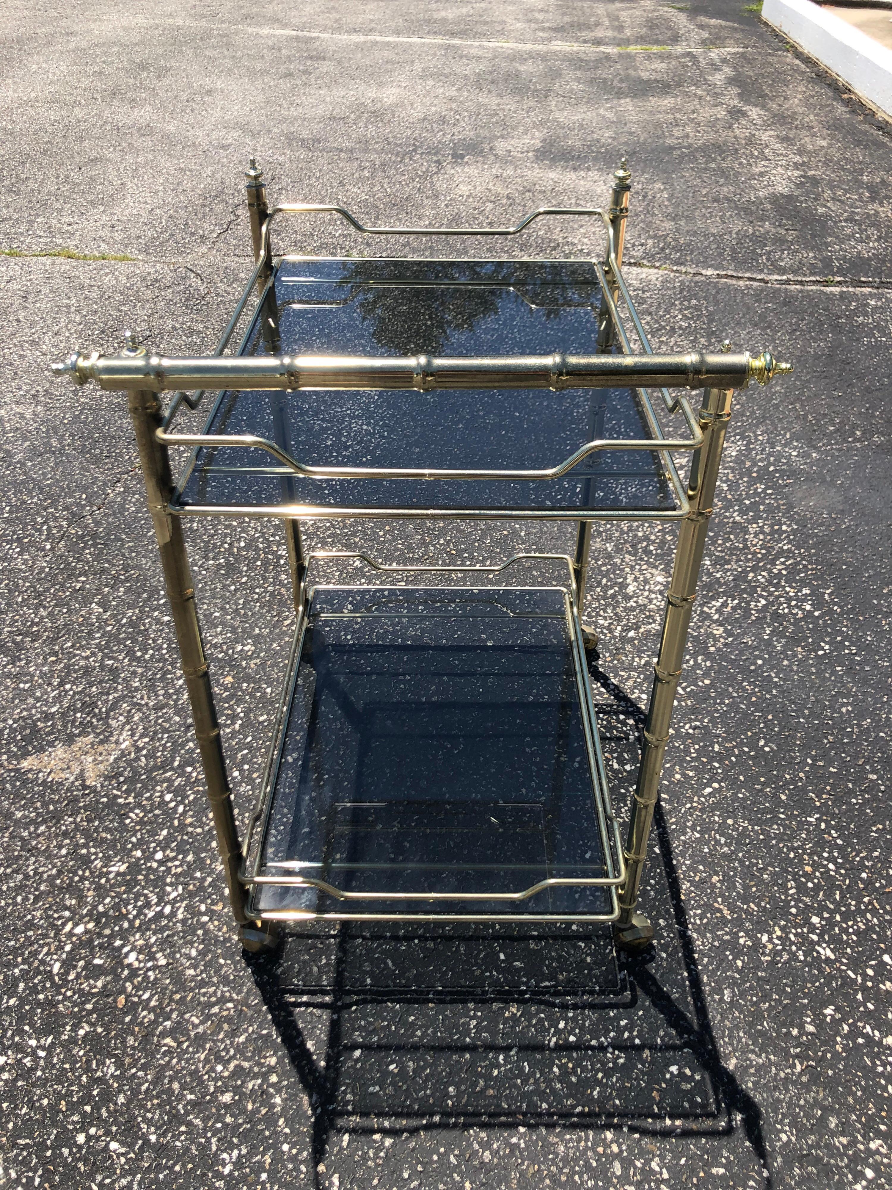 Hollywood Regency Brass Bar Cart with Smoked Glass 9