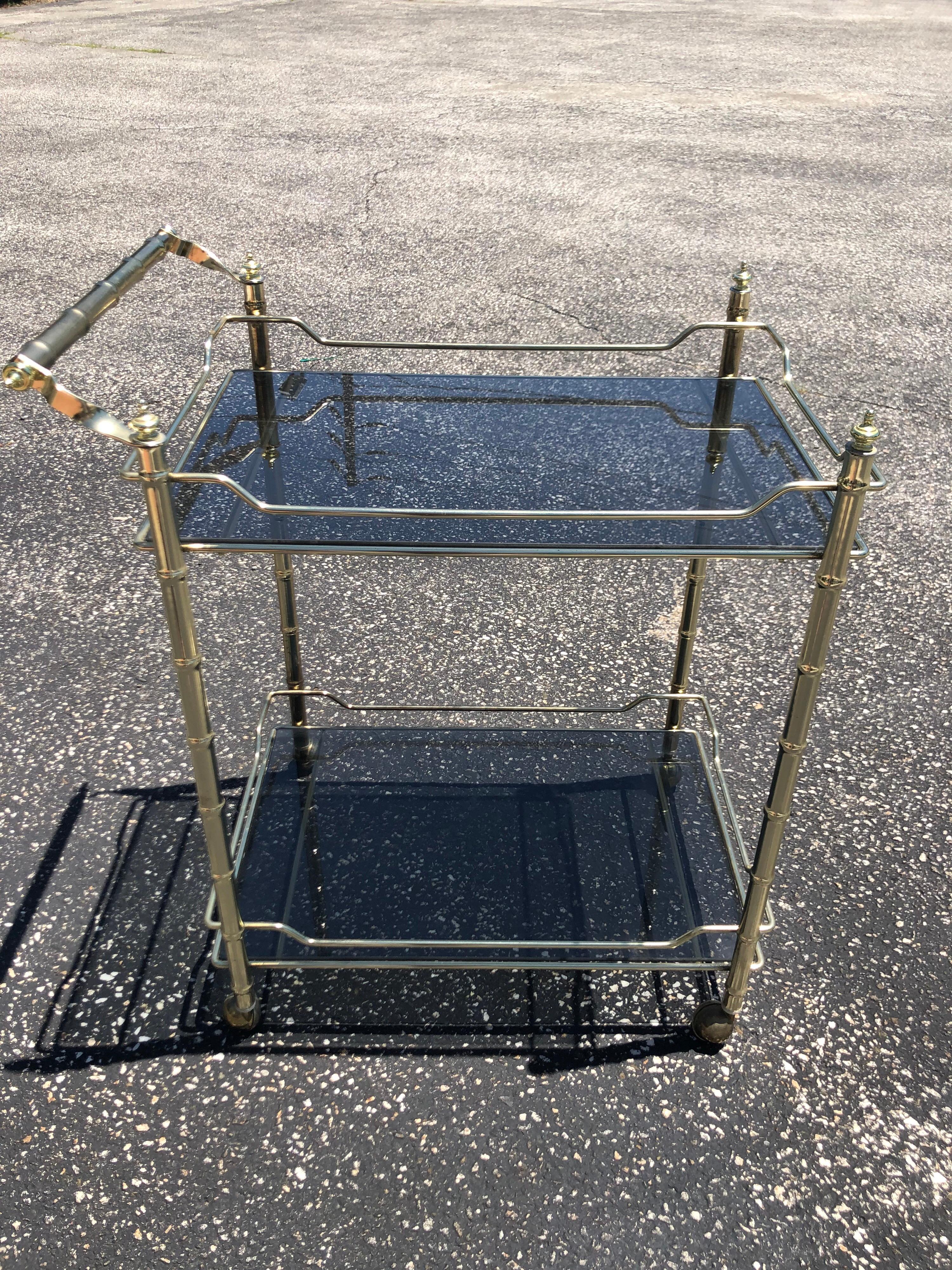 Hollywood Regency Brass Bar Cart with Smoked Glass 13