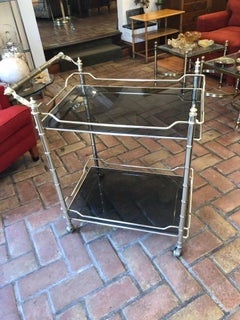 Hollywood Regency Brass Bar Cart with Smoked Glass