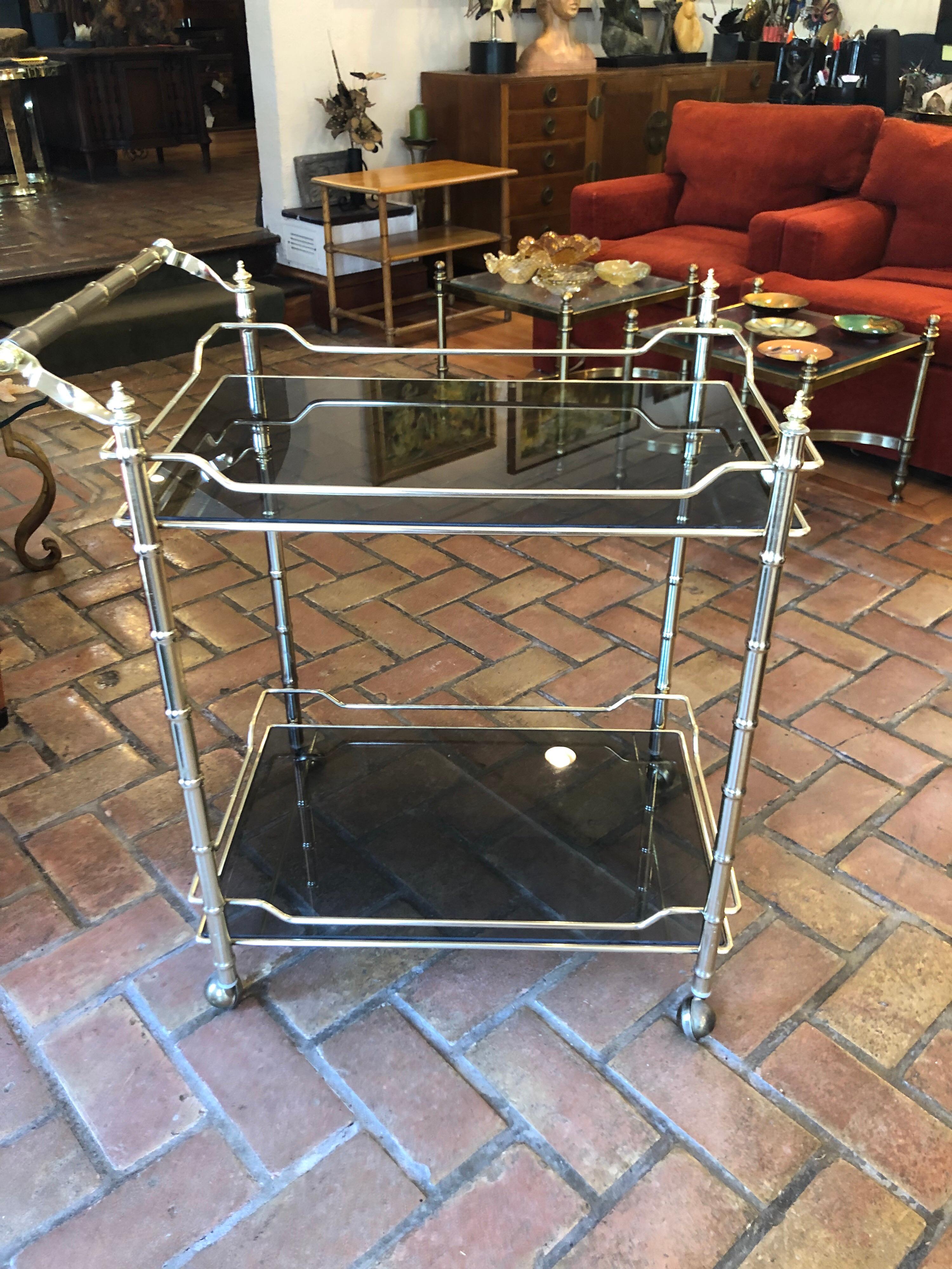 Plated Hollywood Regency Brass Bar Cart with Smoked Glass