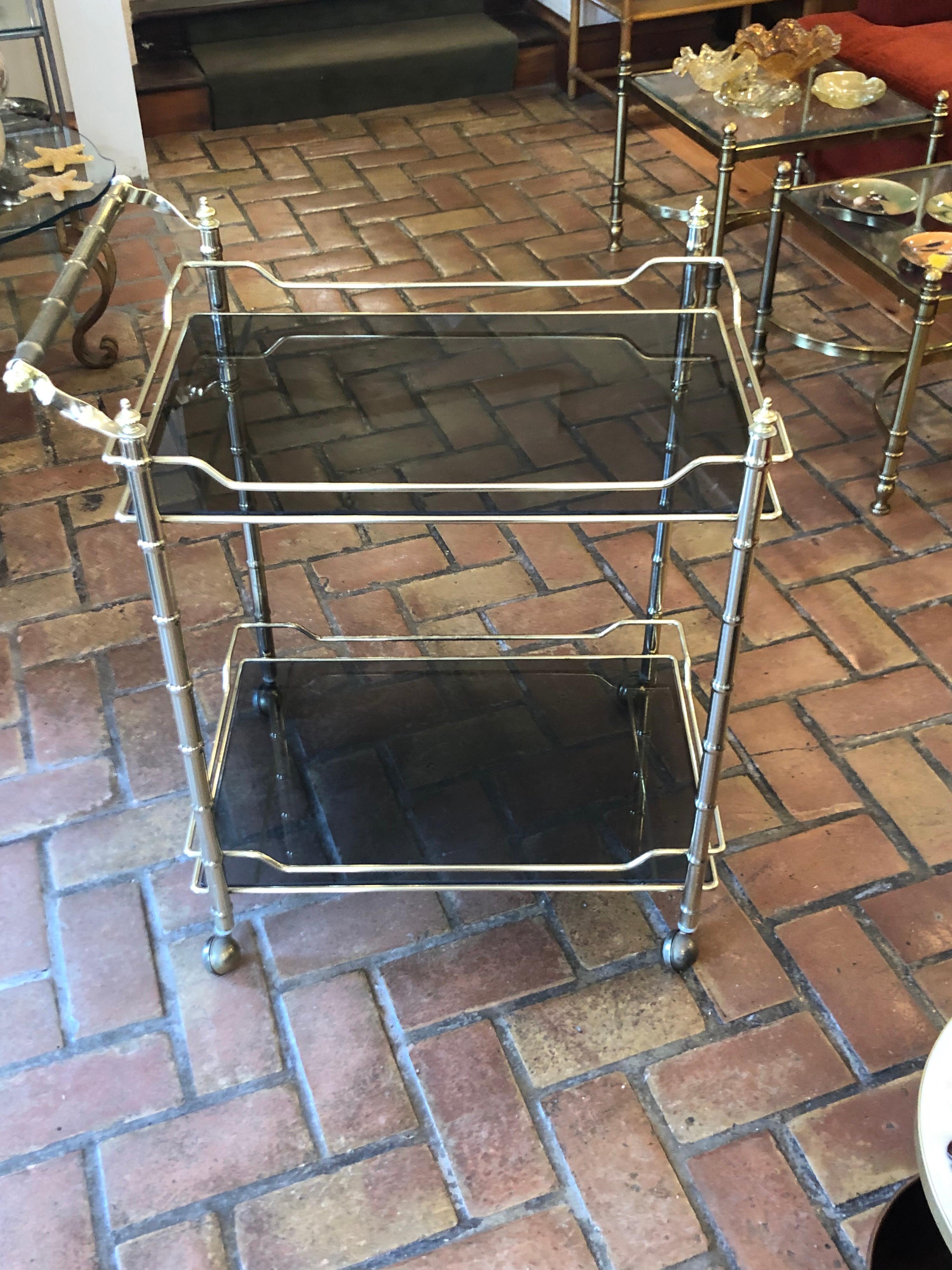 Hollywood Regency Brass Bar Cart with Smoked Glass In Good Condition In Redding, CT