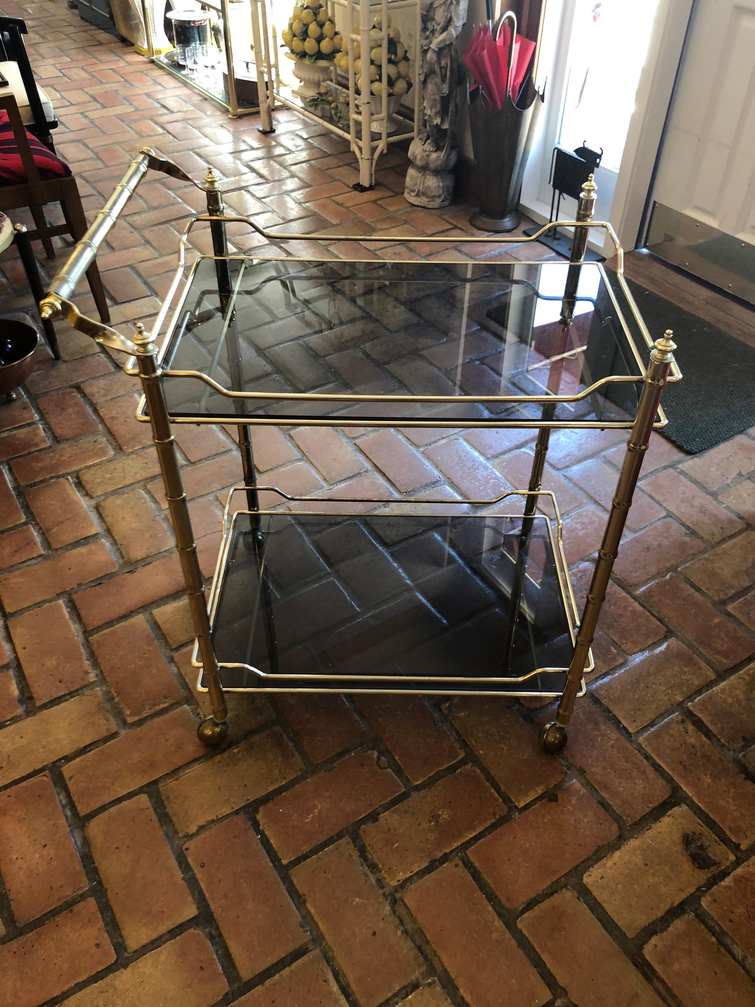 Late 20th Century Hollywood Regency Brass Bar Cart with Smoked Glass