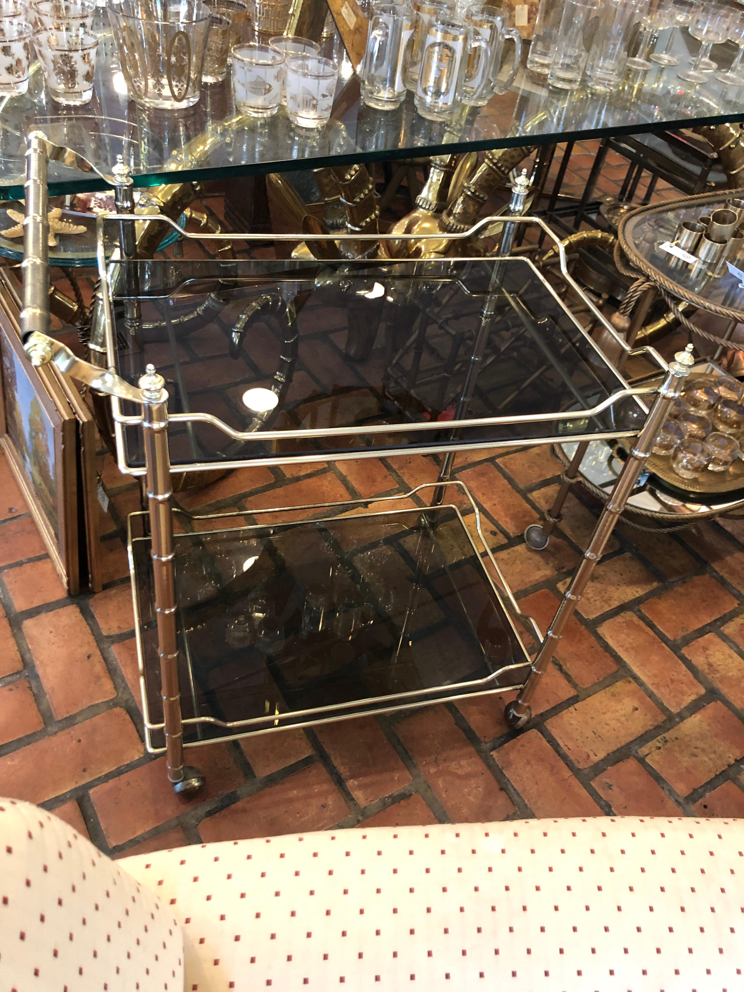 Hollywood Regency Brass Bar Cart with Smoked Glass 1