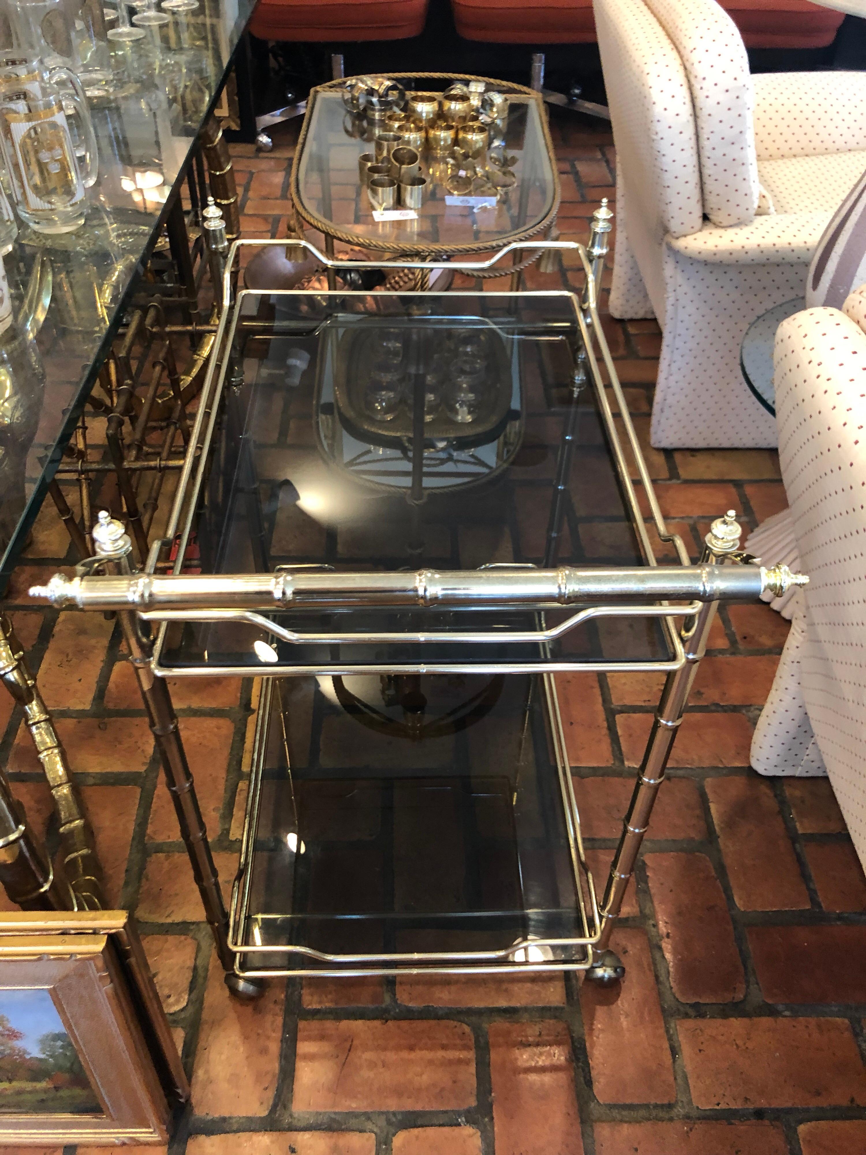 Hollywood Regency Brass Bar Cart with Smoked Glass 2