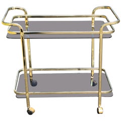 Hollywood Regency Brass Bar Cart with Smoked Glass